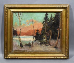 Antique American School Sunset Winter Snow Landscape Signed Framed Oil Painting
