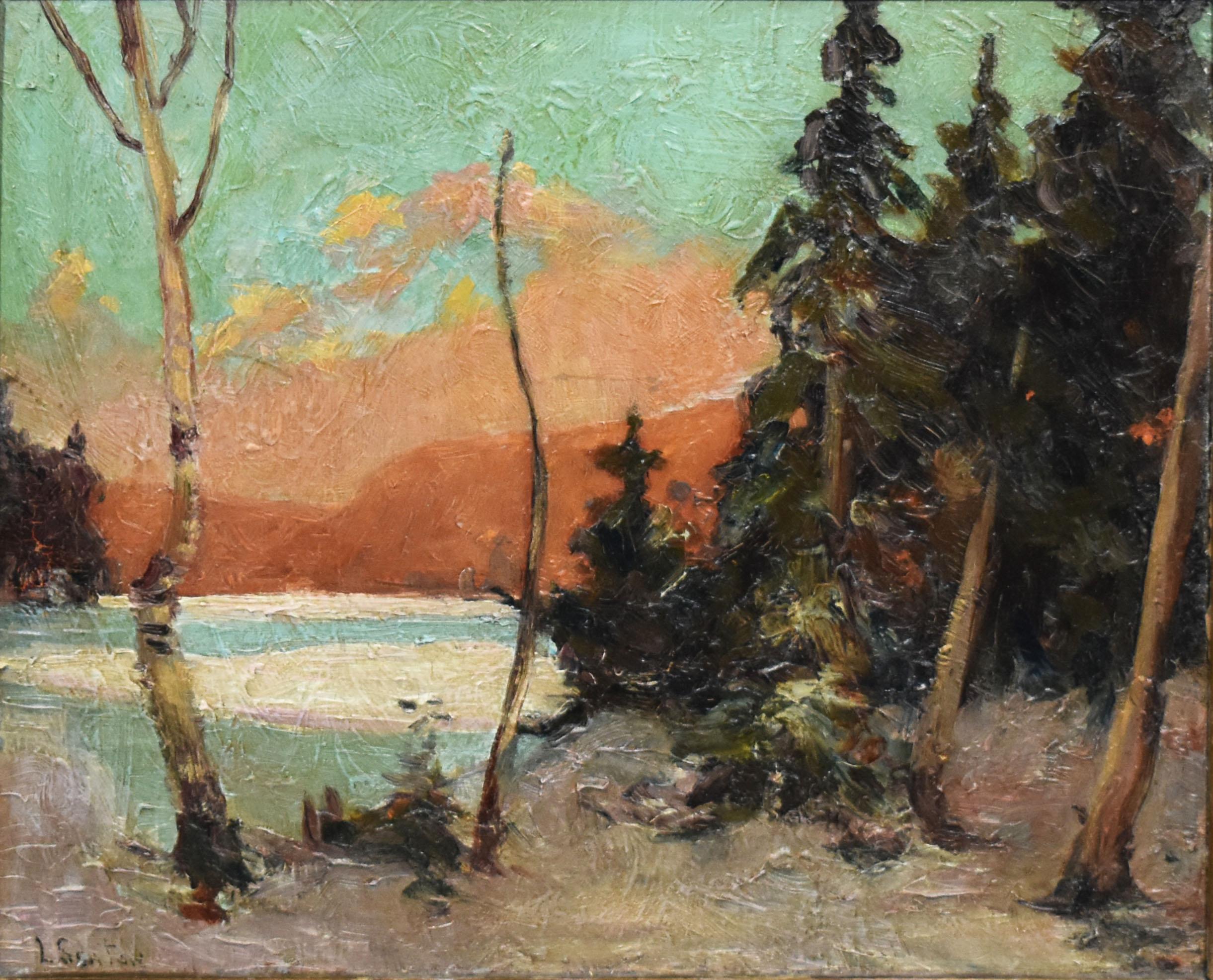 Antique impressionist winter landscape painting.   Oil on board, circa 1900.  Signed lower left.  Displayed in a period giltwood frame.  Image size, 13.5