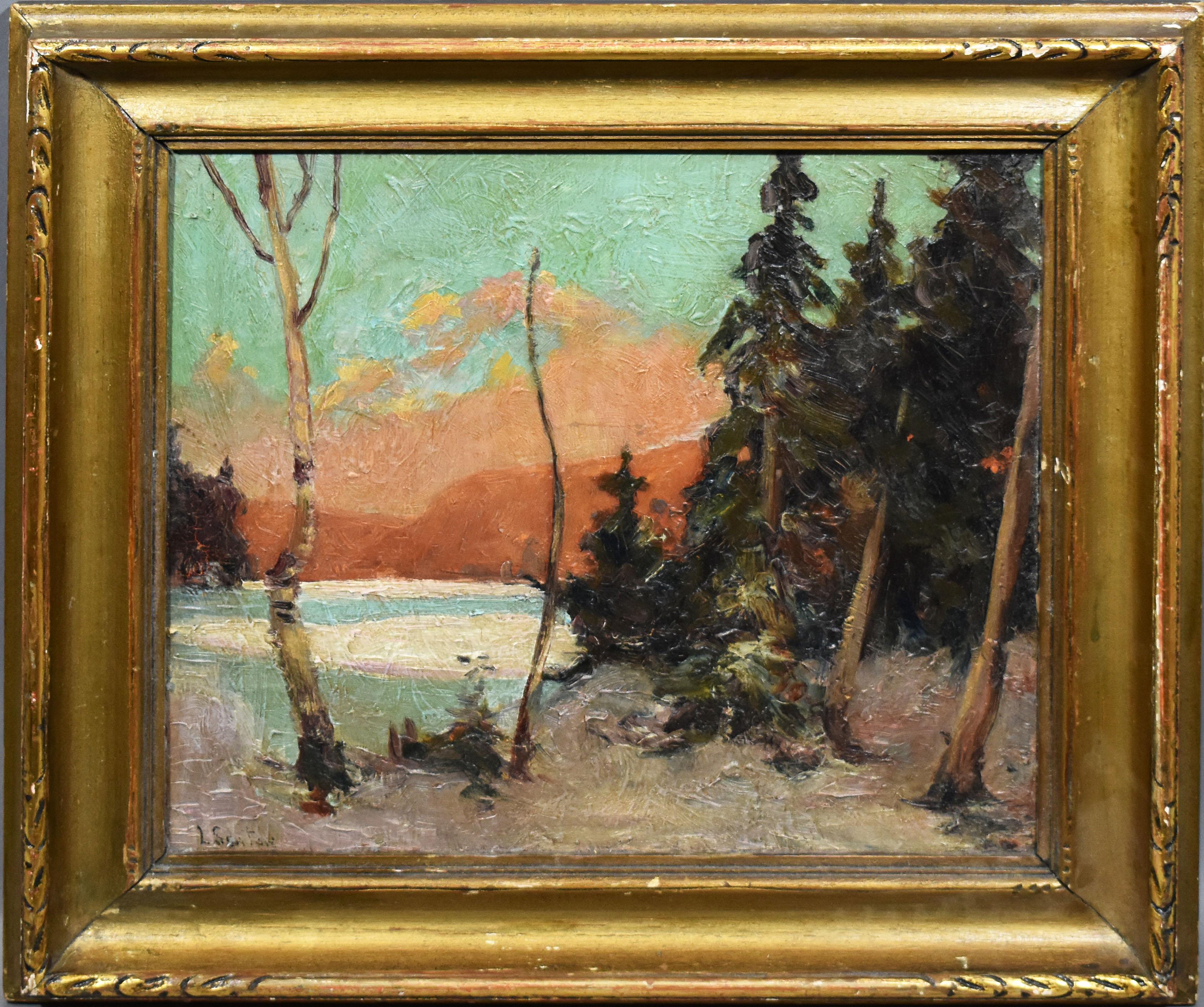 Unknown Landscape Painting - Antique American School Sunset Winter Snow Landscape Signed Framed Oil Painting