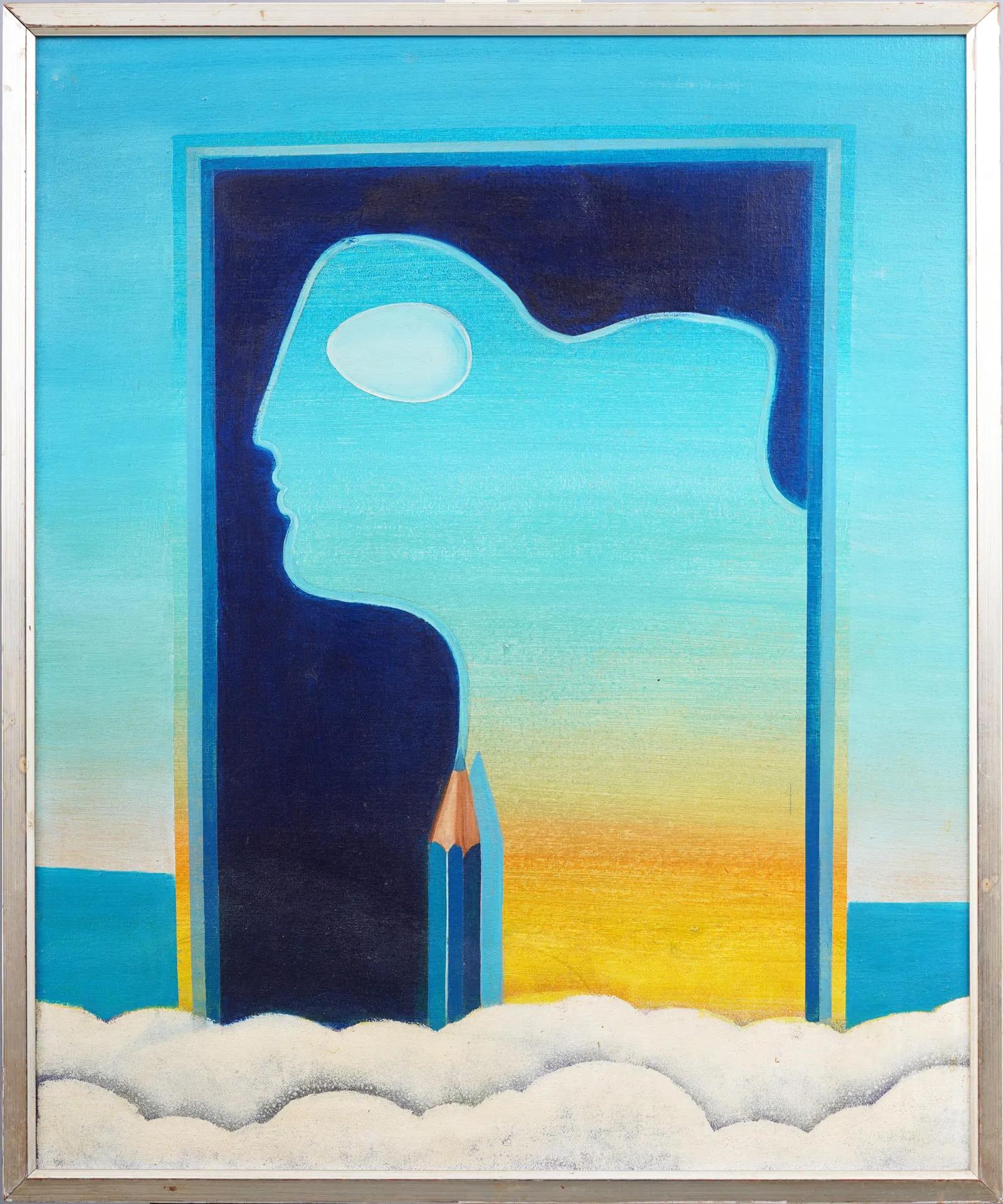 Antico paesaggio surreale di scuola americana Raro dipinto a olio con cornice d'epoca - Painting di Unknown