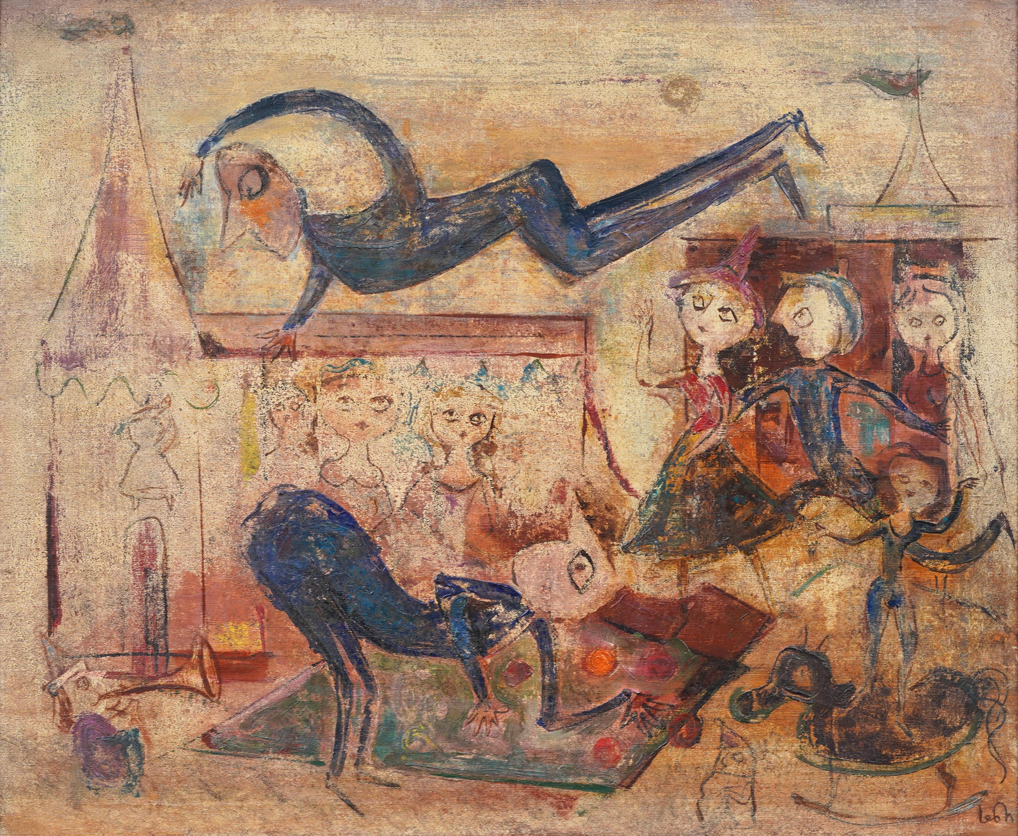 Antico dipinto a olio di scuola americana, scena surreale d'interni, ritratto incorniciato - Painting di Unknown