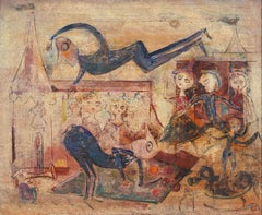 Antique American School Surreal Interior Scene Portrait Framed Oil Painting