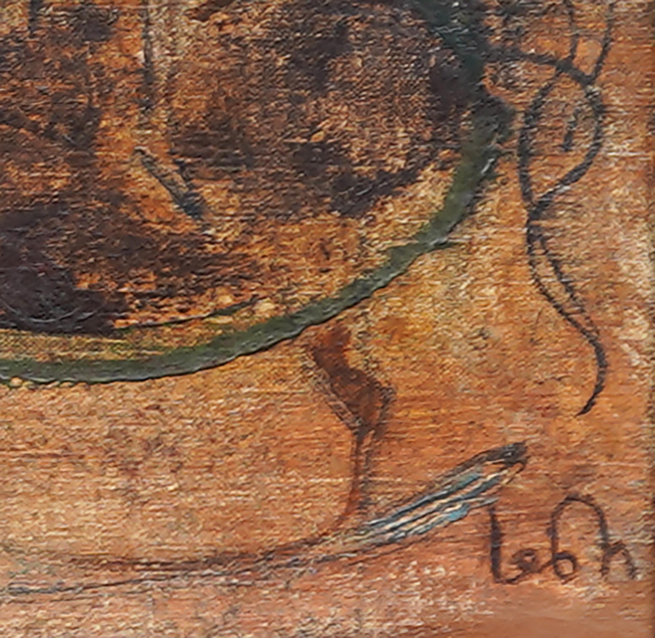 Antico dipinto a olio surreale di scuola americana. Olio su tela.   Incorniciato. Misura 30 x 35 pollici in totale e 25 x 30 solo per il dipinto.  Incorniciato in una cornice d'epoca dipinta in legno dorato.  In condizioni eccellenti, pronto per