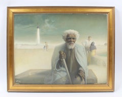 Antique American School Surreal Landscape Oil Painting with Figures