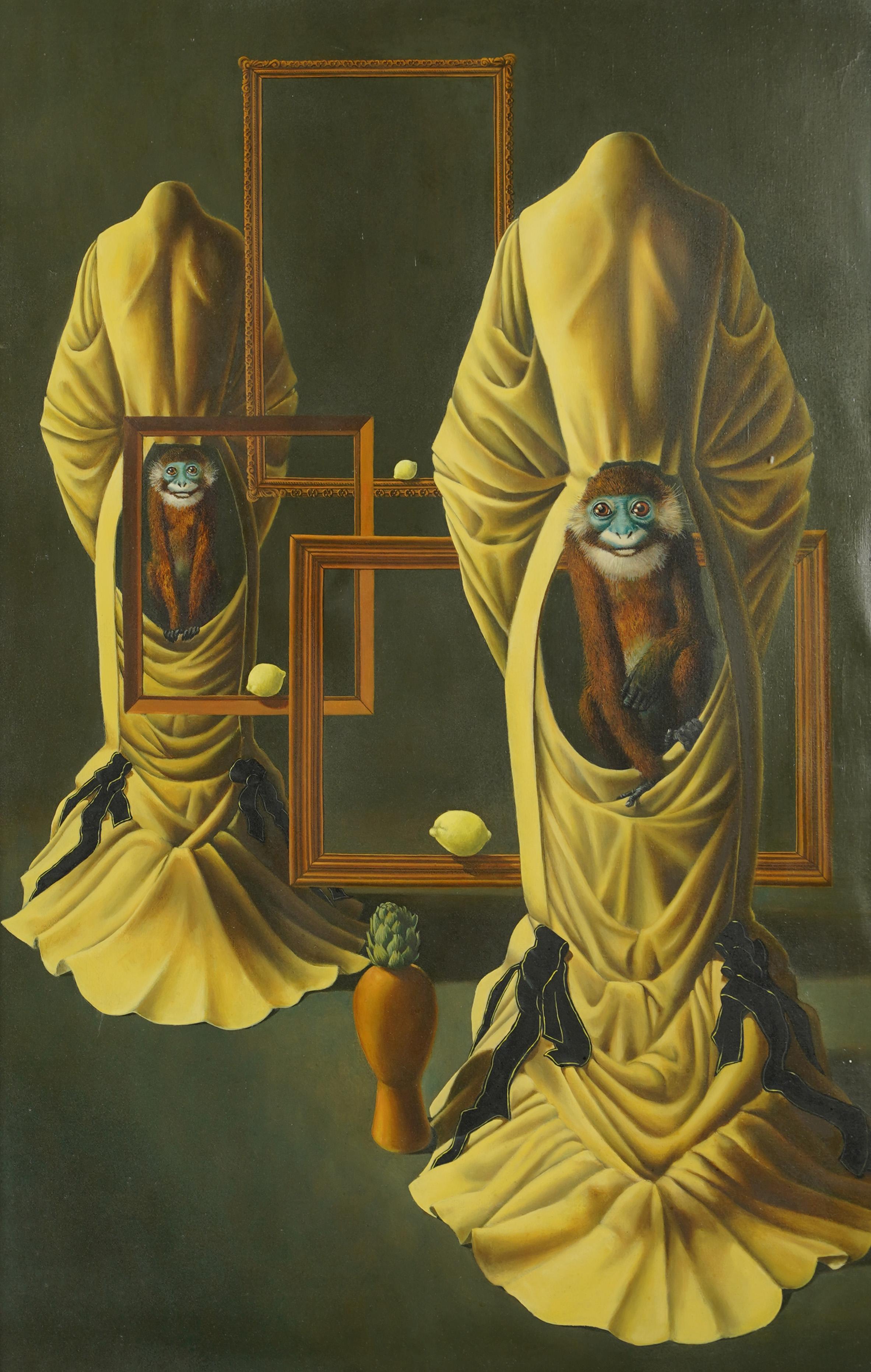 Antike amerikanische modernistische Interieurszene mit zwei Affen.  Öl auf Leinwand.  Keine Signatur gefunden.  Gerahmt.  Bildgröße: 39H x 26L.