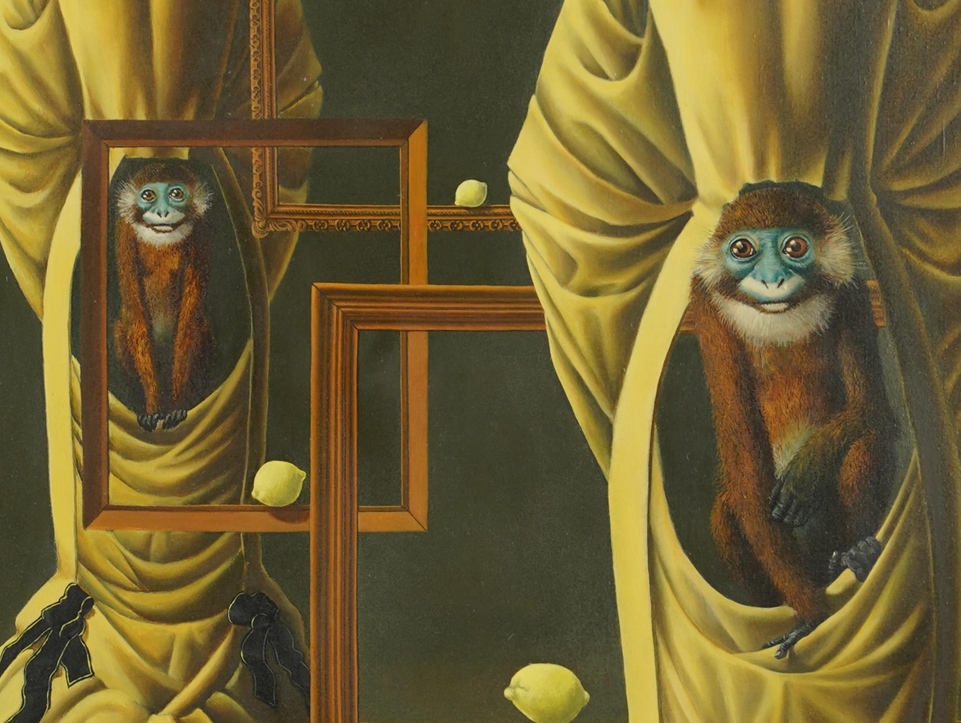 Antique American modernist interior scene with two monkeys.  Oil on canvas.  No signature found.  Framed.  Image size, 39H x 26L.