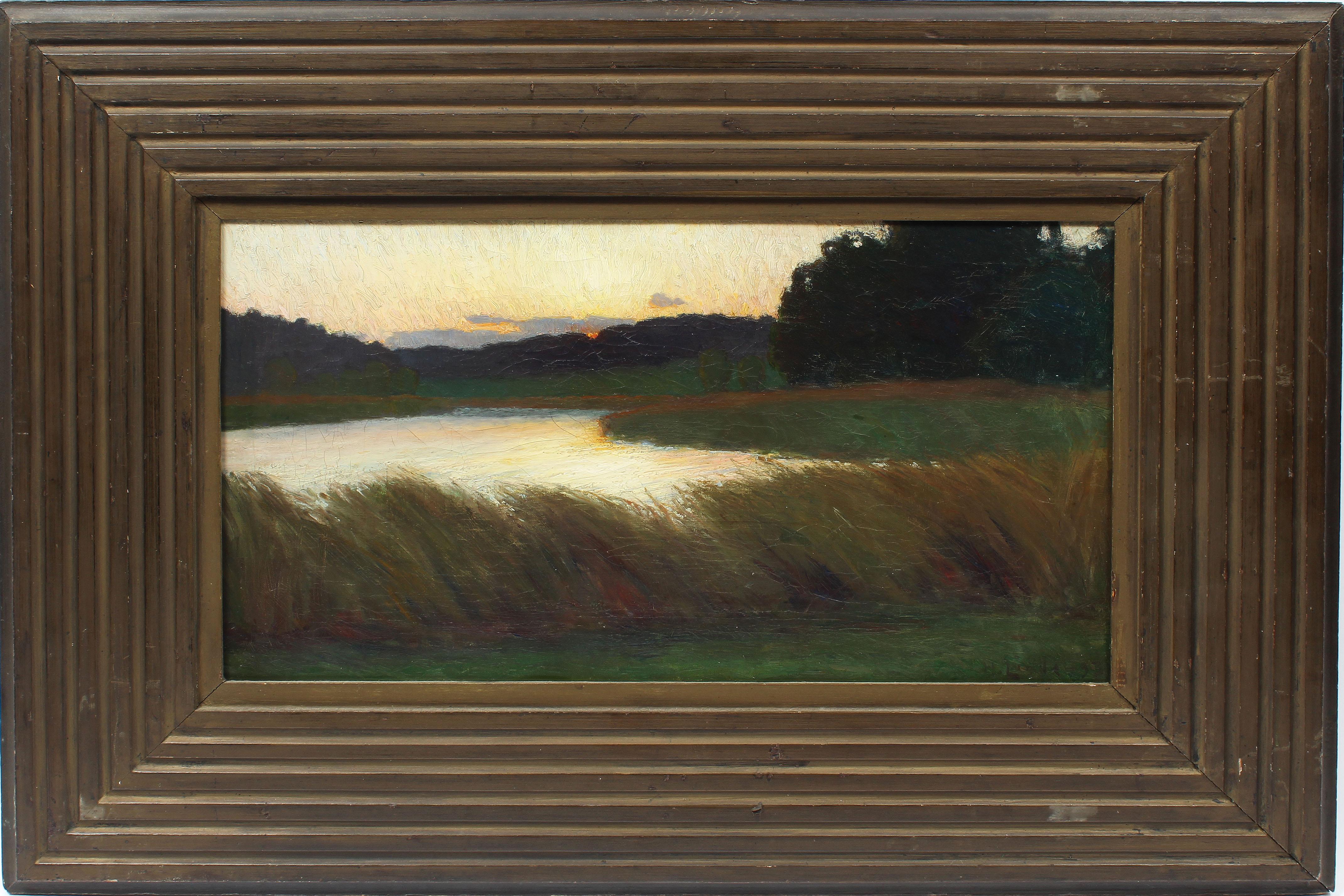 Unknown Landscape Painting - Antique American School Tonalist Sunset River Landscape Original Oil Painting