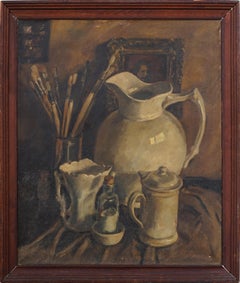 Antique American School Trompe L'Oeil Artist Studio Interior Scene Oil Painting