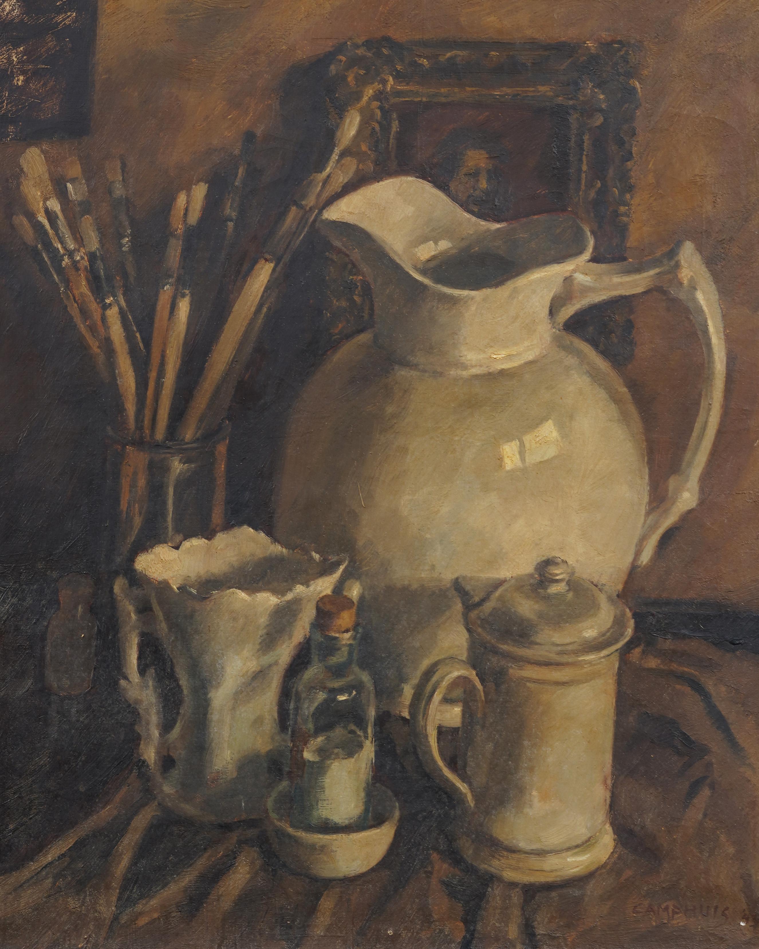 Pintura al Óleo Antigua Escuela Americana Trompe L'Oeil Escena Interior de Estudio de Artista - Still-Life Painting Negro de Unknown