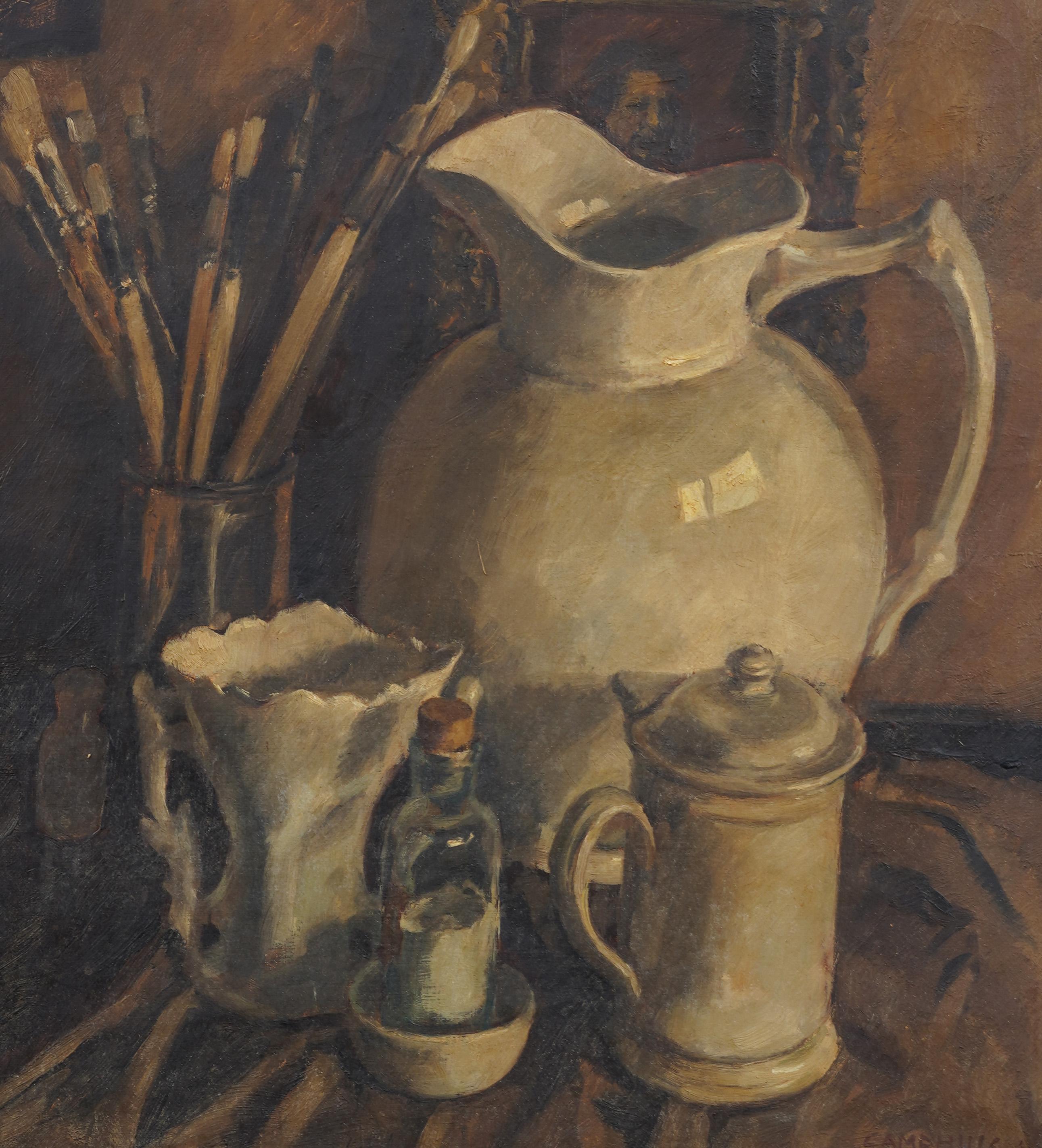 Pintura al Óleo Antigua Escuela Americana Trompe L'Oeil Escena Interior de Estudio de Artista en venta 1