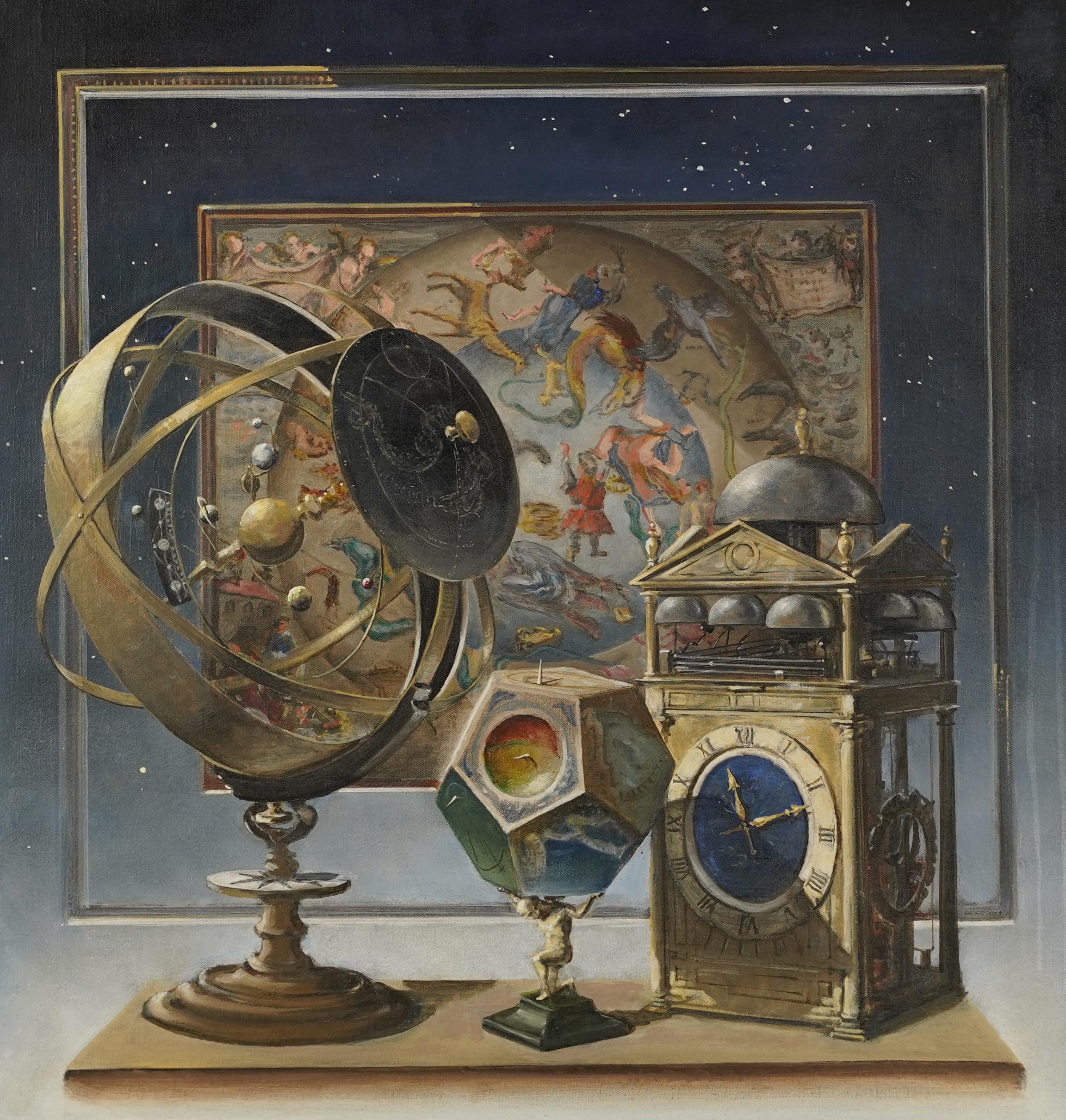 Antikes Stillleben der amerikanischen Schule, Trompe L''Oeil, Astrologie/Astronomie (Grau), Interior Painting, von Unknown