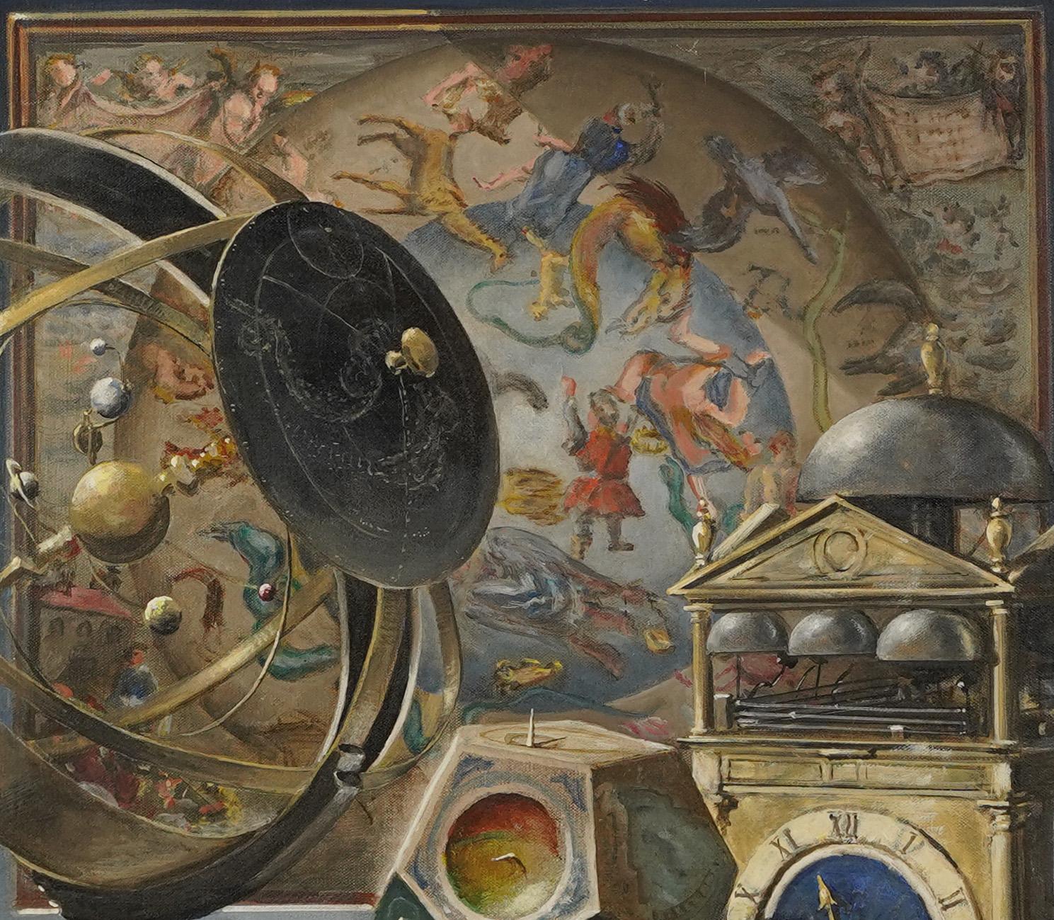 Antique American School Trompe L'Oeil Astrology/Astronomy Still Life Painting - Gray Interior Painting by Unknown