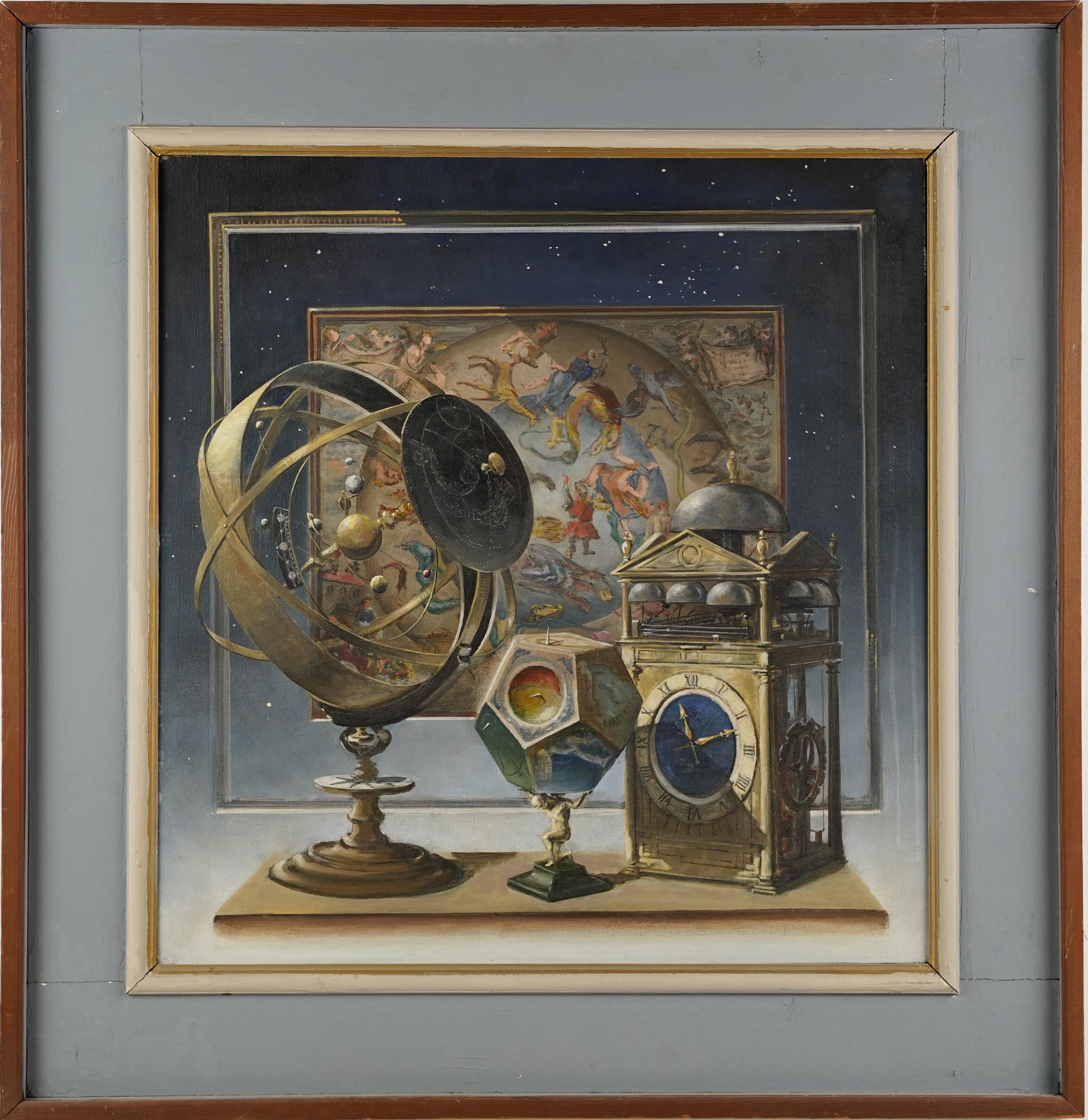 Unknown Interior Painting – Antikes Stillleben der amerikanischen Schule, Trompe L''Oeil, Astrologie/Astronomie