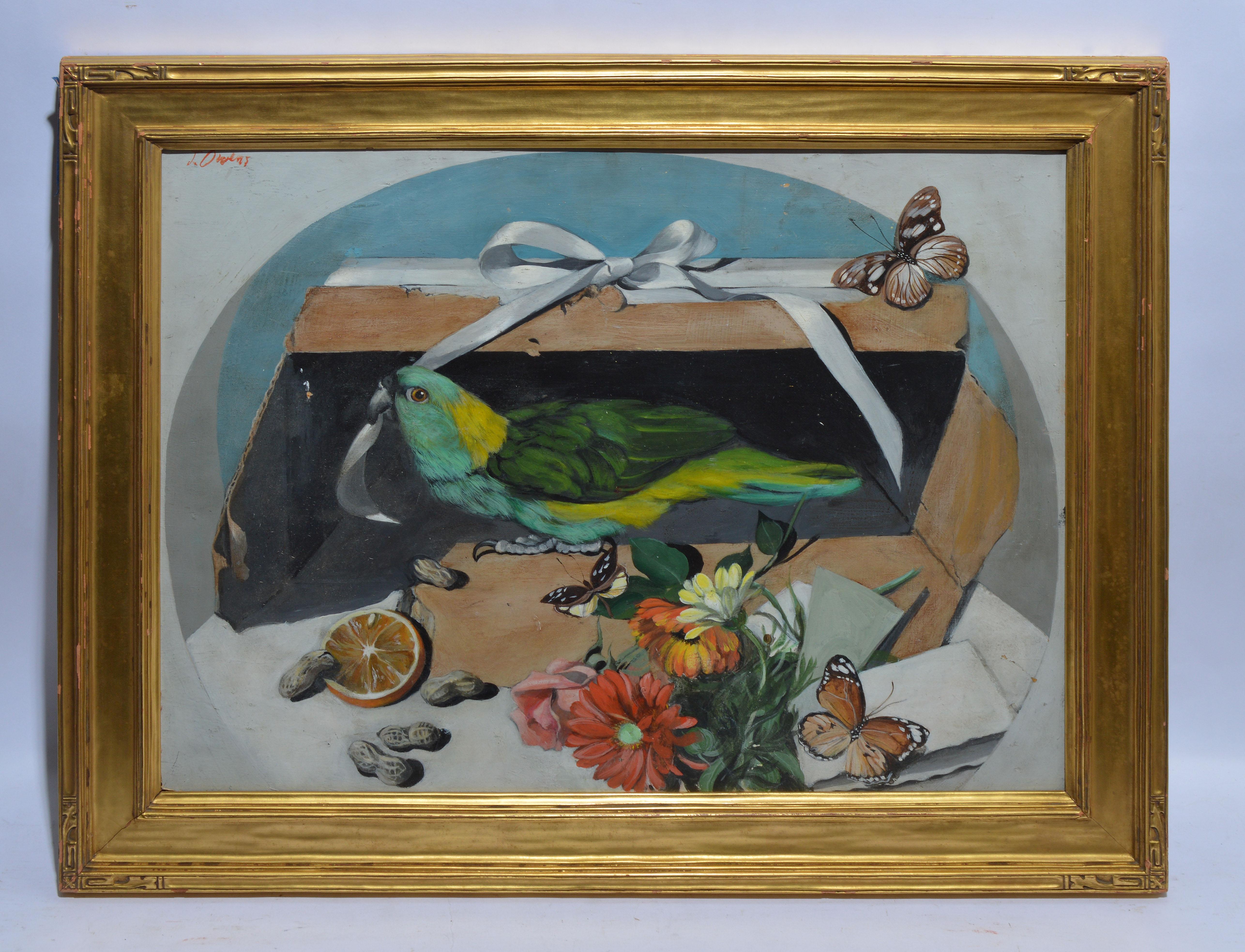 Antique American School Trompe L'Oeil Parrot & Butterfly Still Life Oil Painting - Gray Animal Painting by Unknown