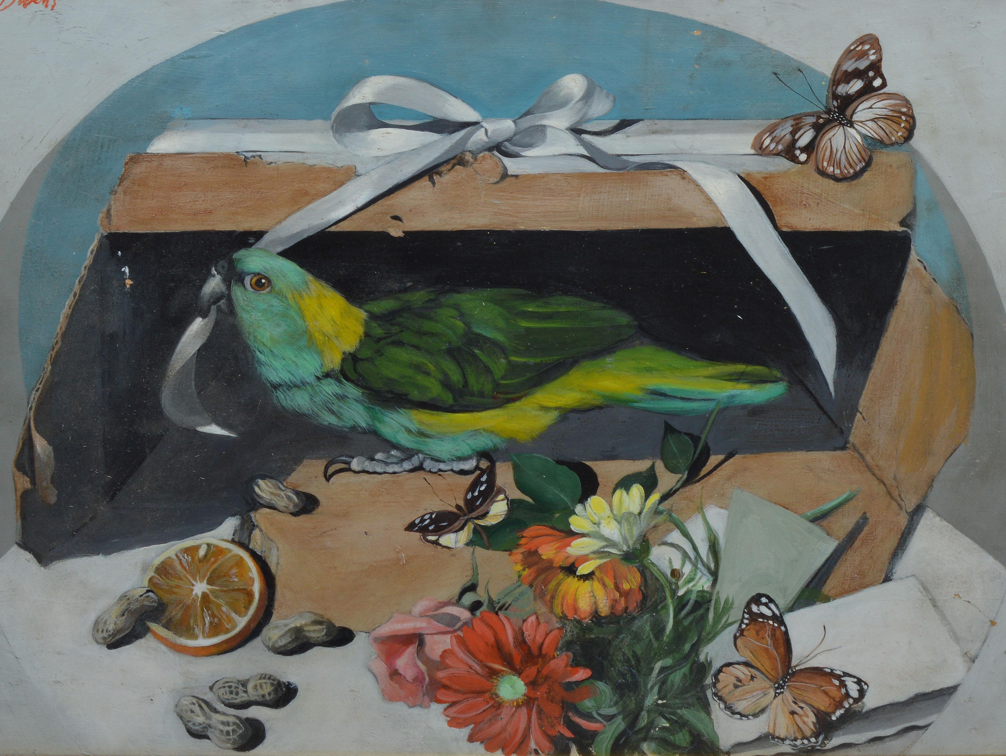 Antique American School Trompe L'Oeil Parrot & Butterfly Still Life Oil Painting 1
