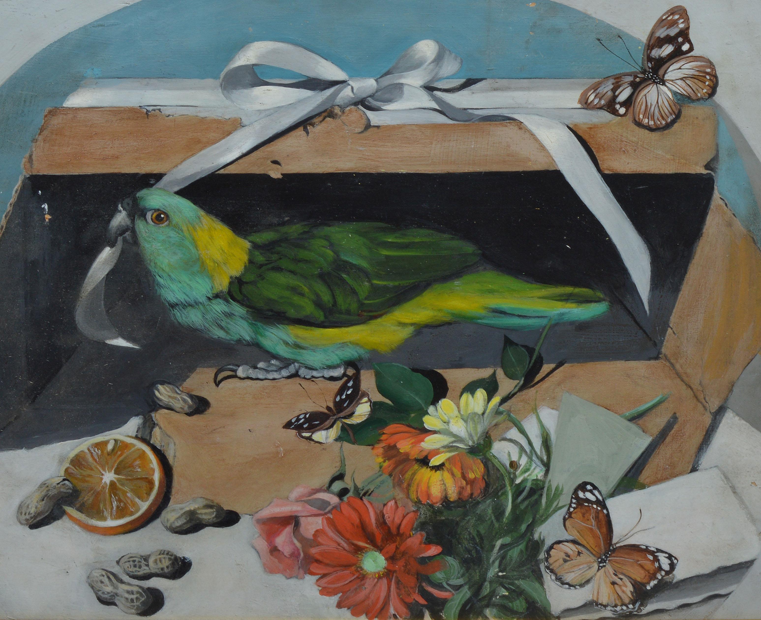 Antique American School Trompe L'Oeil Parrot & Butterfly Still Life Oil Painting 2