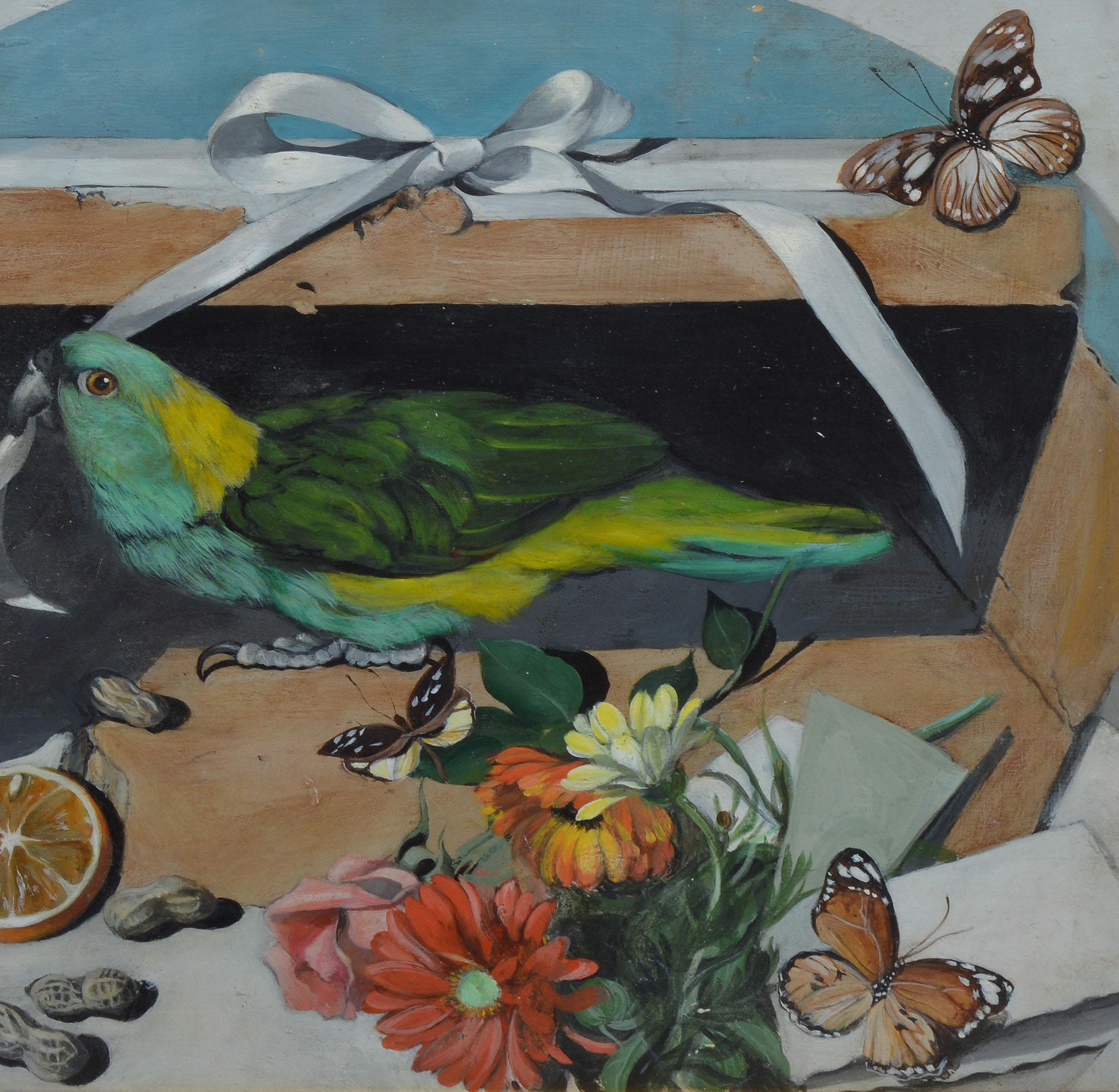 Antique American School Trompe L'Oeil Parrot & Butterfly Still Life Oil Painting 3