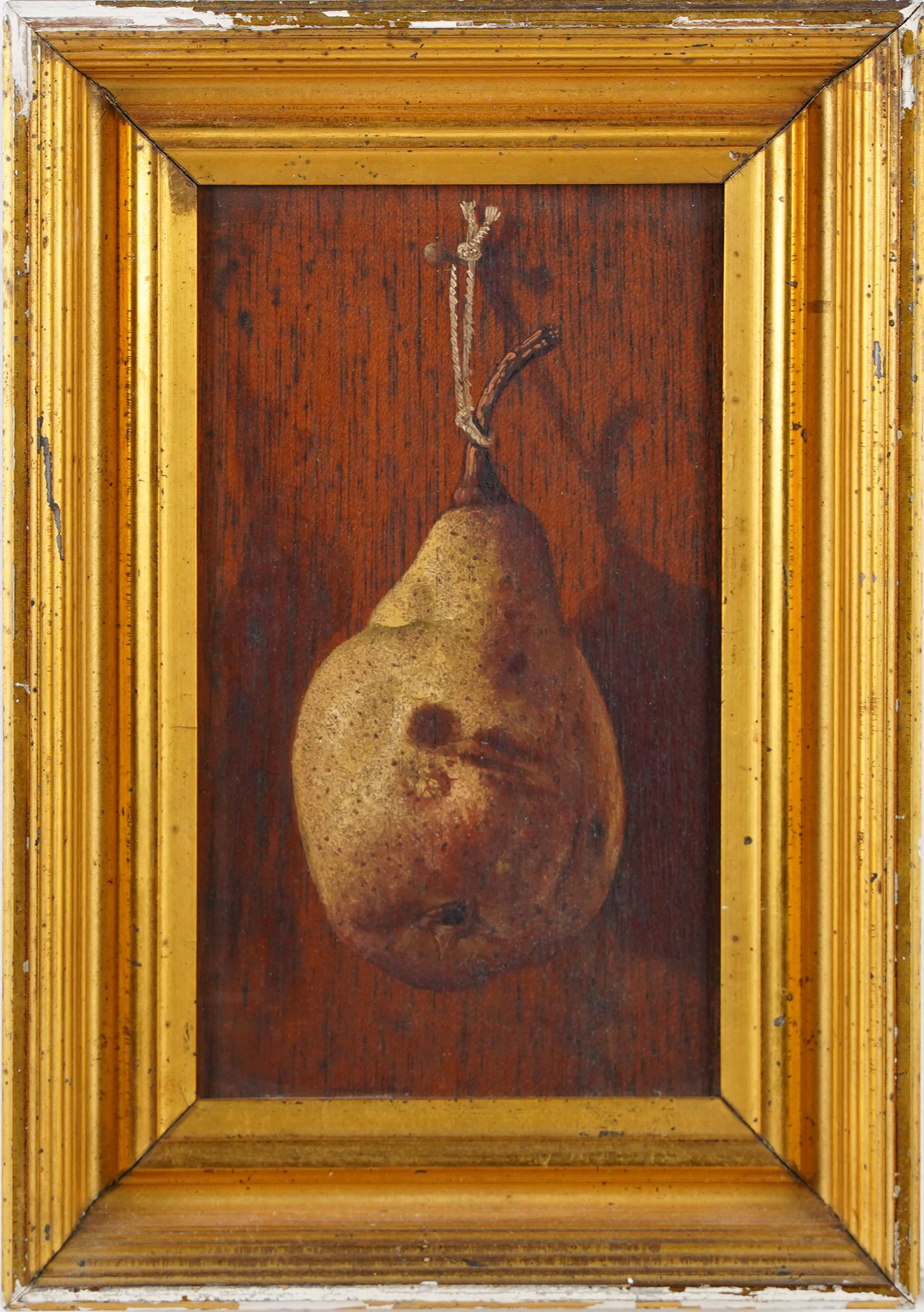 Unknown Still-Life Painting - Antique American School Trompe L'Oeil Pear Still Life 19th Century Oil Painting