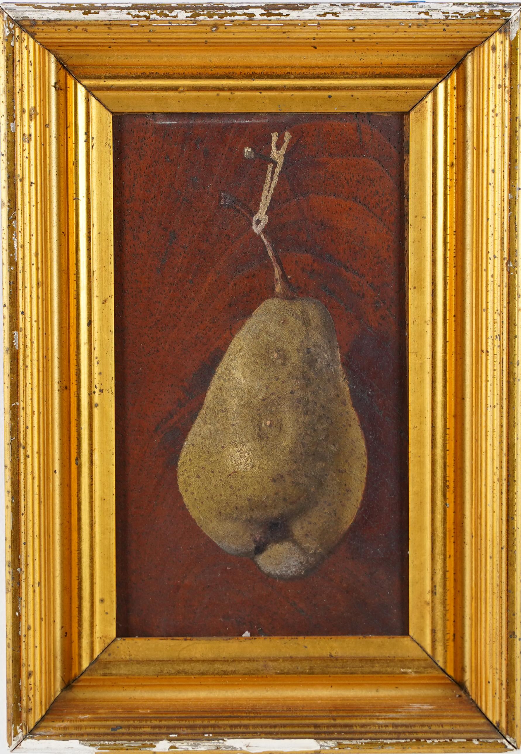 Unknown Still-Life Painting - Antique American School Trompe L'Oeil Pear Still Life 19th Century Oil Painting