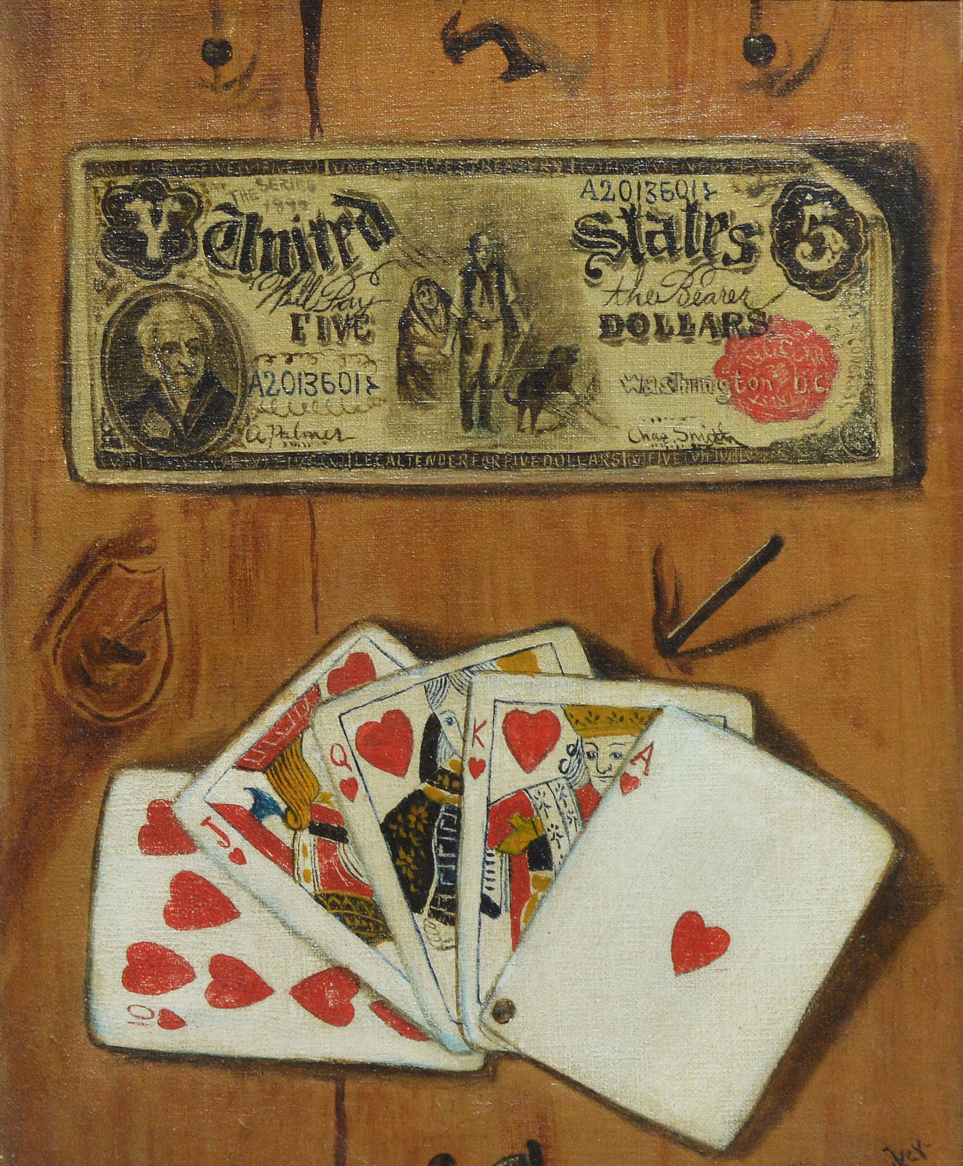 Unknown - Antique American School Trompe L'Oeil Playing Card Still Life Oil  Painting at 1stDibs