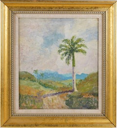  Antique American School Tropical Landscape Palm Tree Gold Framed Oil Painting