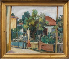 Antique American School Tropical Modernist Palm Tree Landscape Oil Painting