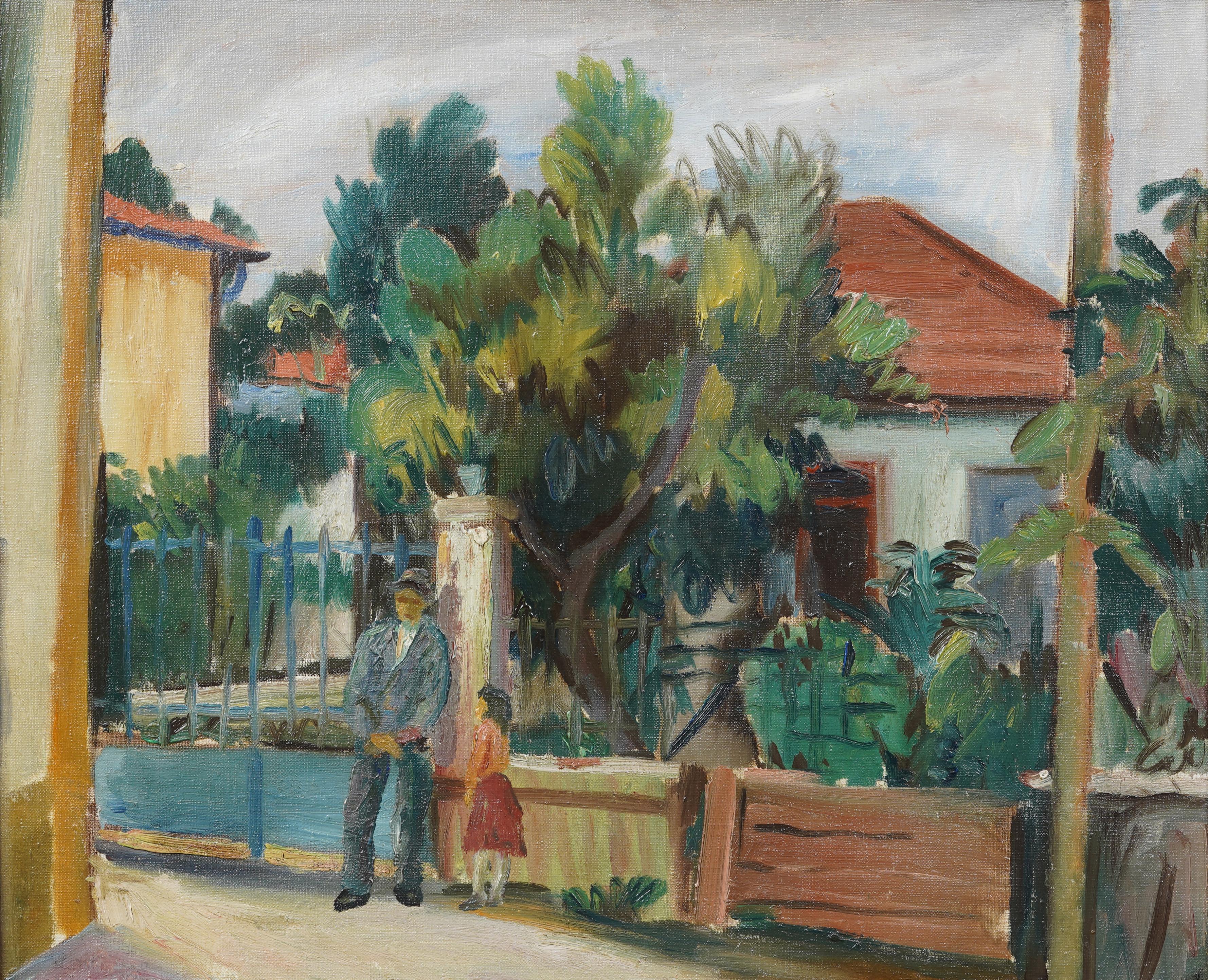 Antique American modernist tropical landscape oil painting. Oil on canvas. Framed. Measuring: 24 by 28 inches overall, and 20 by 24 painting alone..  In excellent original condition. Handsomely framed in a  giltwood molding.  Excellent condition,