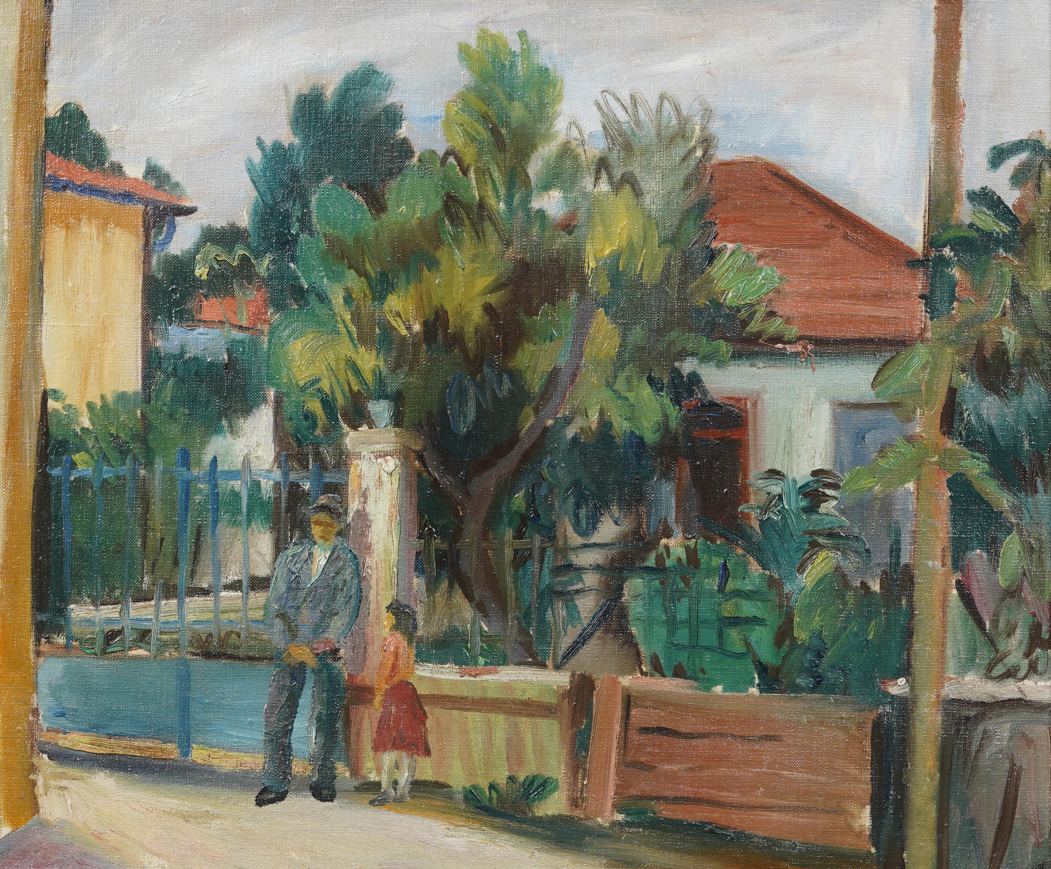 Antique American School Tropical Modernist Palm Tree Landscape Oil Painting For Sale 1