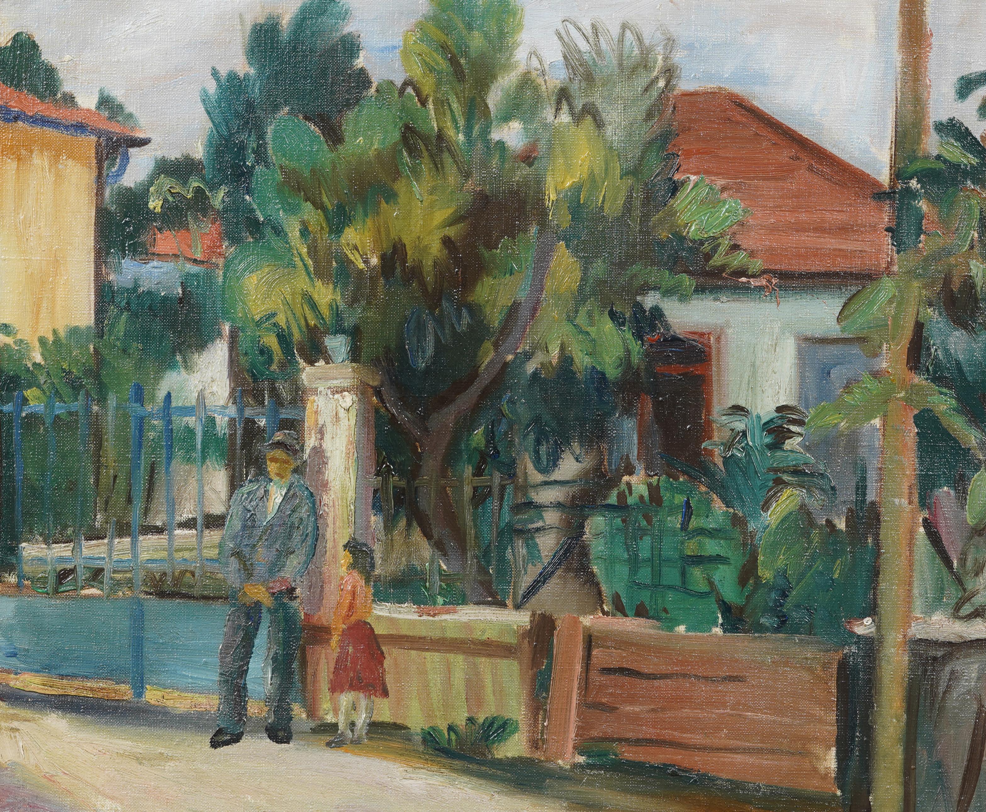 Antique American School Tropical Modernist Palm Tree Landscape Oil Painting For Sale 2