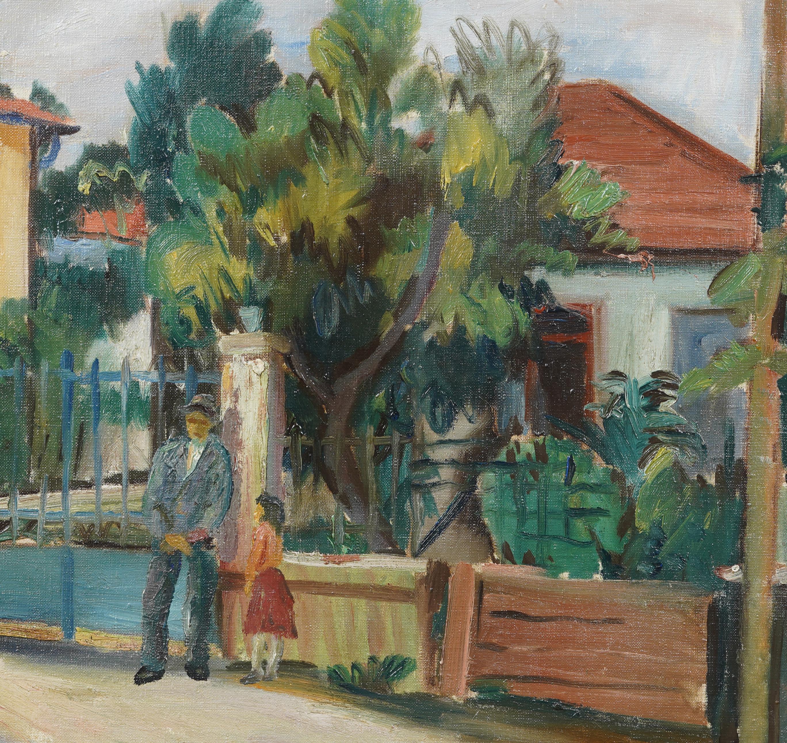 Antique American School Tropical Modernist Palm Tree Landscape Oil Painting For Sale 3