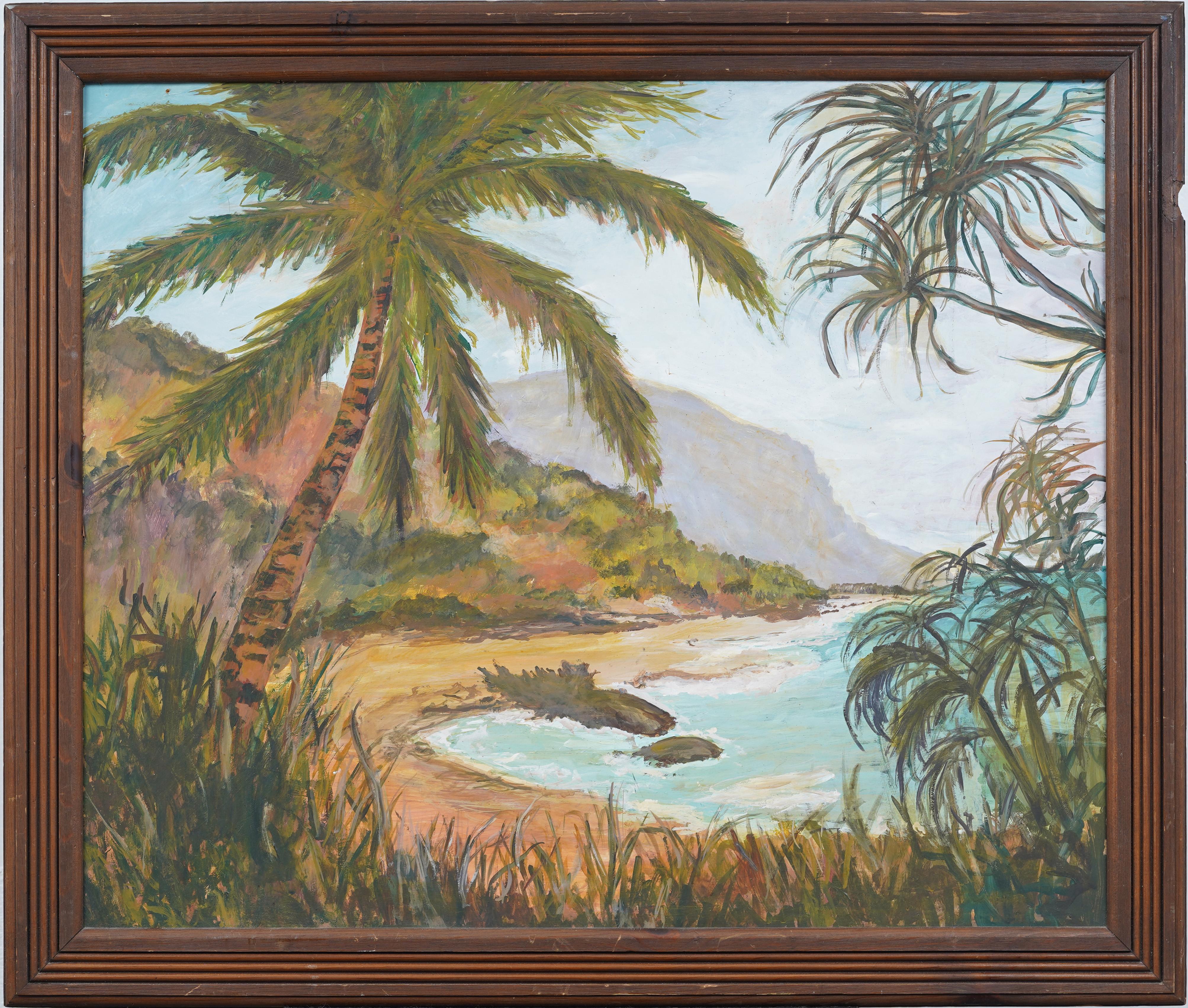 Antiguo cuadro al óleo enmarcado de la Escuela Americana Tropical Ocean Cove Hawaiian - Painting de Unknown