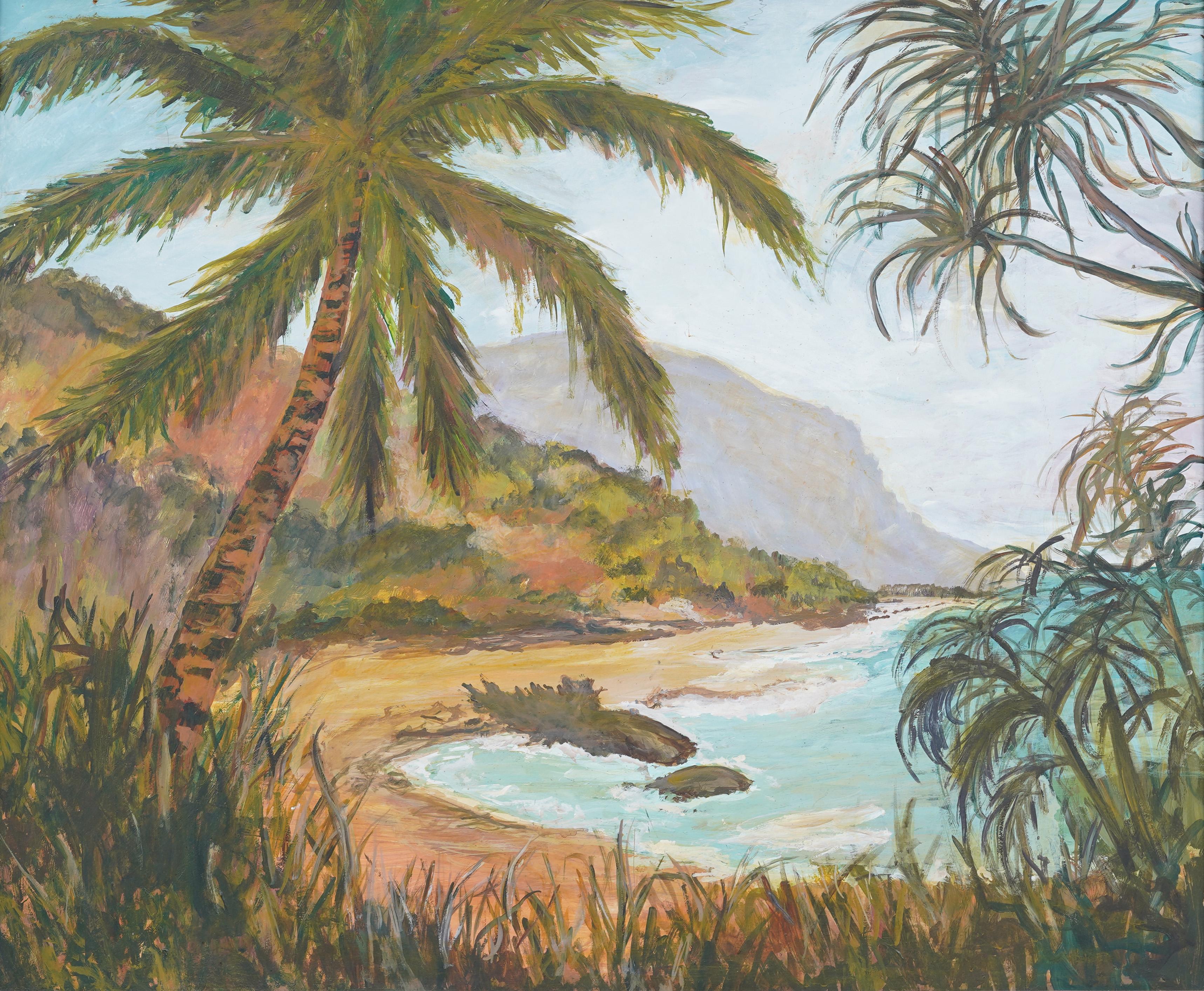 Antiguo cuadro al óleo enmarcado de la Escuela Americana Tropical Ocean Cove Hawaiian - Painting Impresionista de Unknown