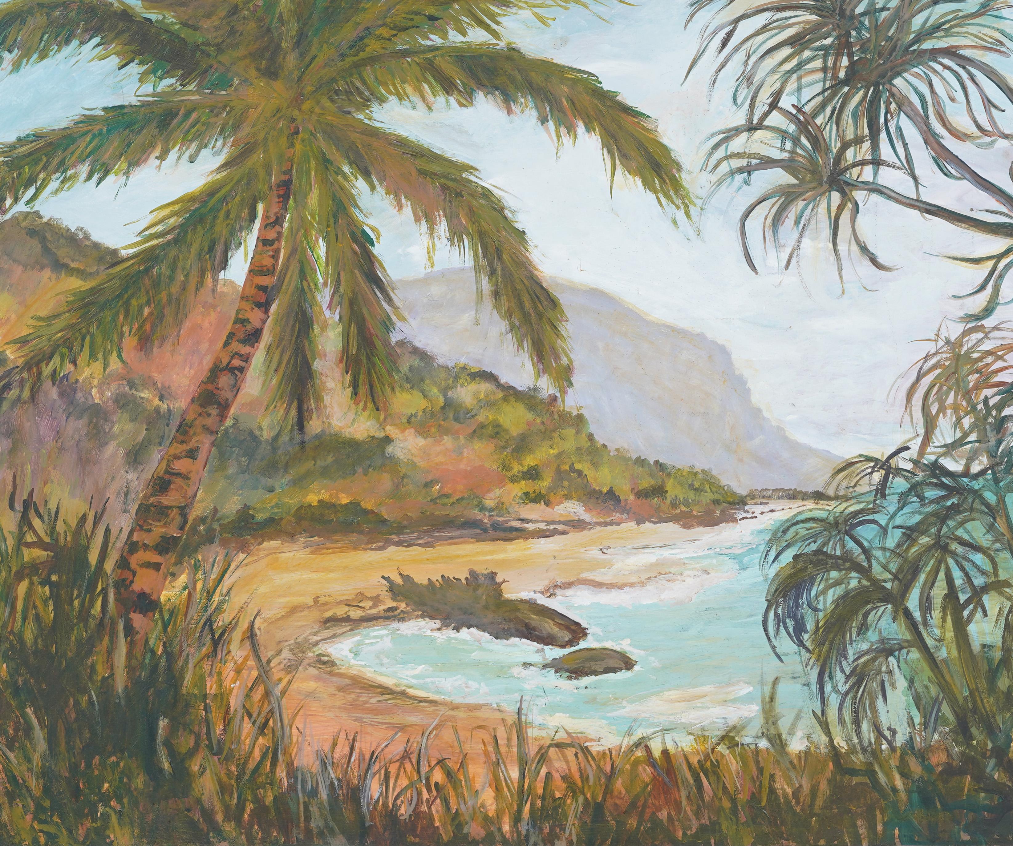 Antiguo cuadro al óleo enmarcado de la Escuela Americana Tropical Ocean Cove Hawaiian - Abstract Painting Marrón de Unknown