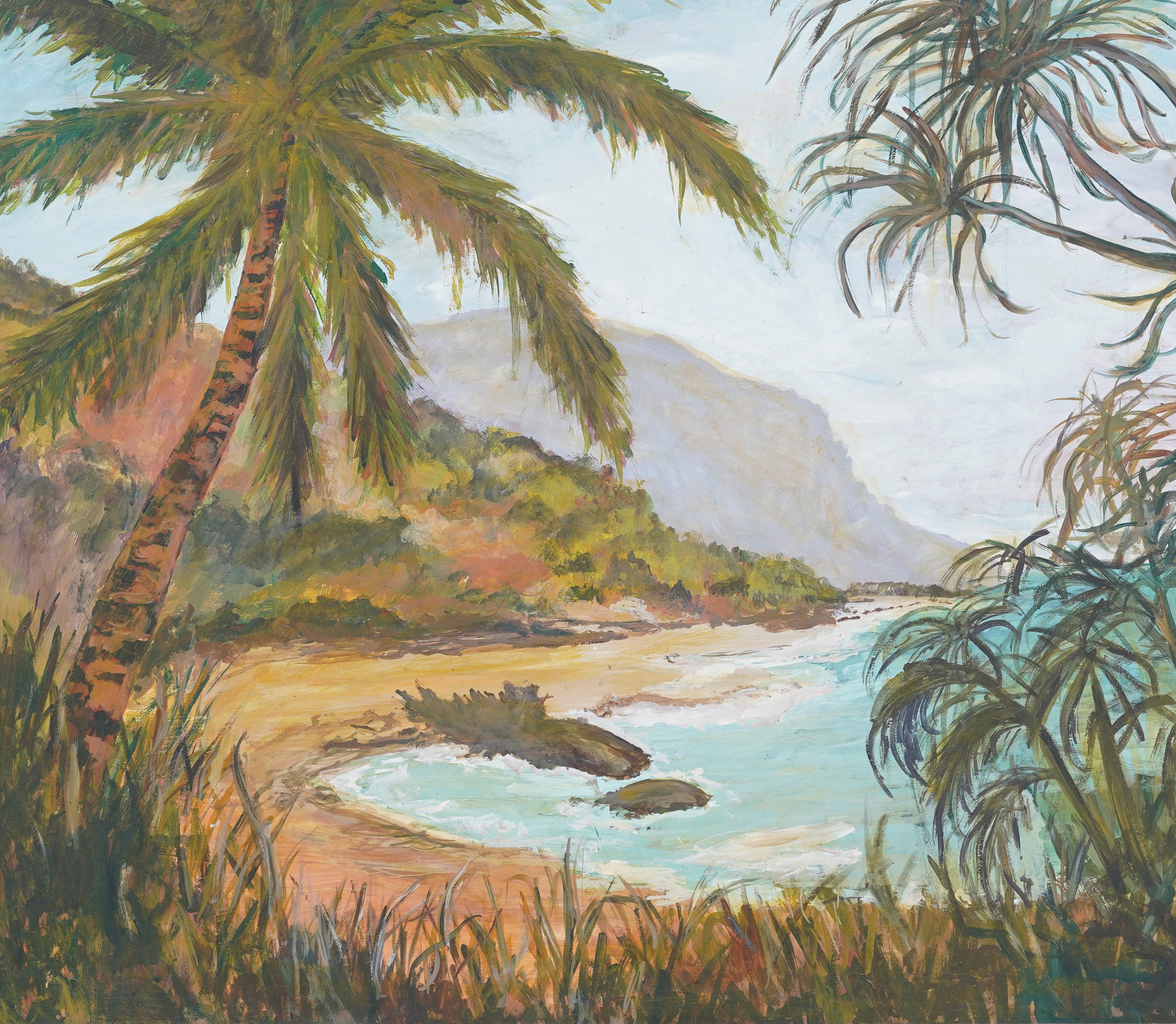Paisaje de playa tropical impresionista americano muy bien pintado.  Óleo sobre tabla.  En excelente estado original.  Maravillosamente enmarcado en una moldura de madera de época.  Excelente estado, listo para colgar y disfrutar. 