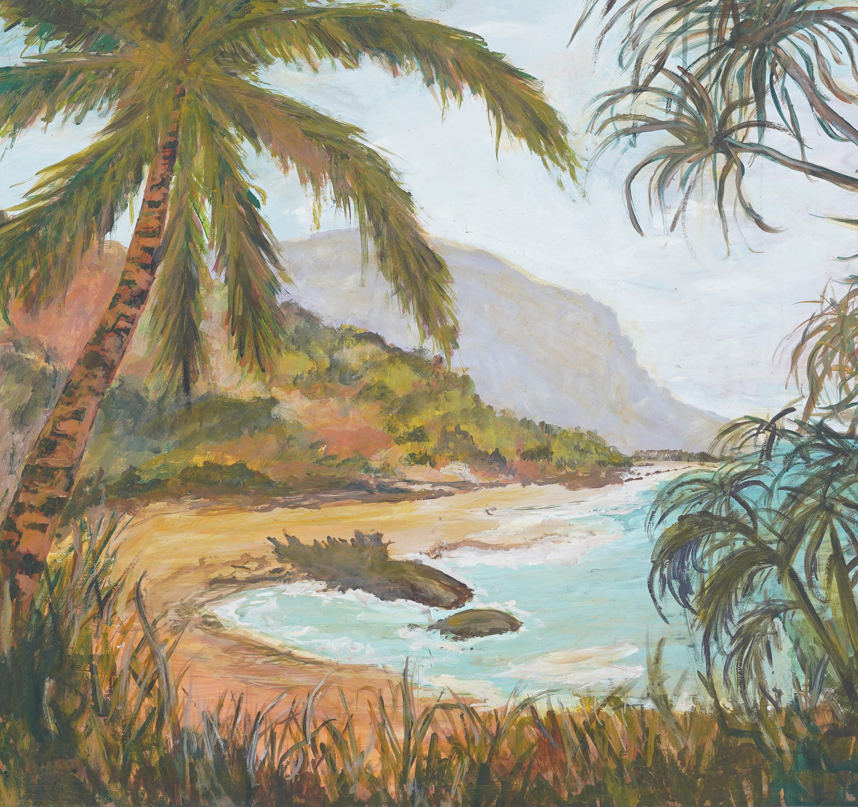 Antiguo cuadro al óleo enmarcado de la Escuela Americana Tropical Ocean Cove Hawaiian en venta 1