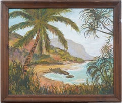 Antico dipinto ad olio con cornice di scuola americana "Tropical Ocean Cove Hawaiian".