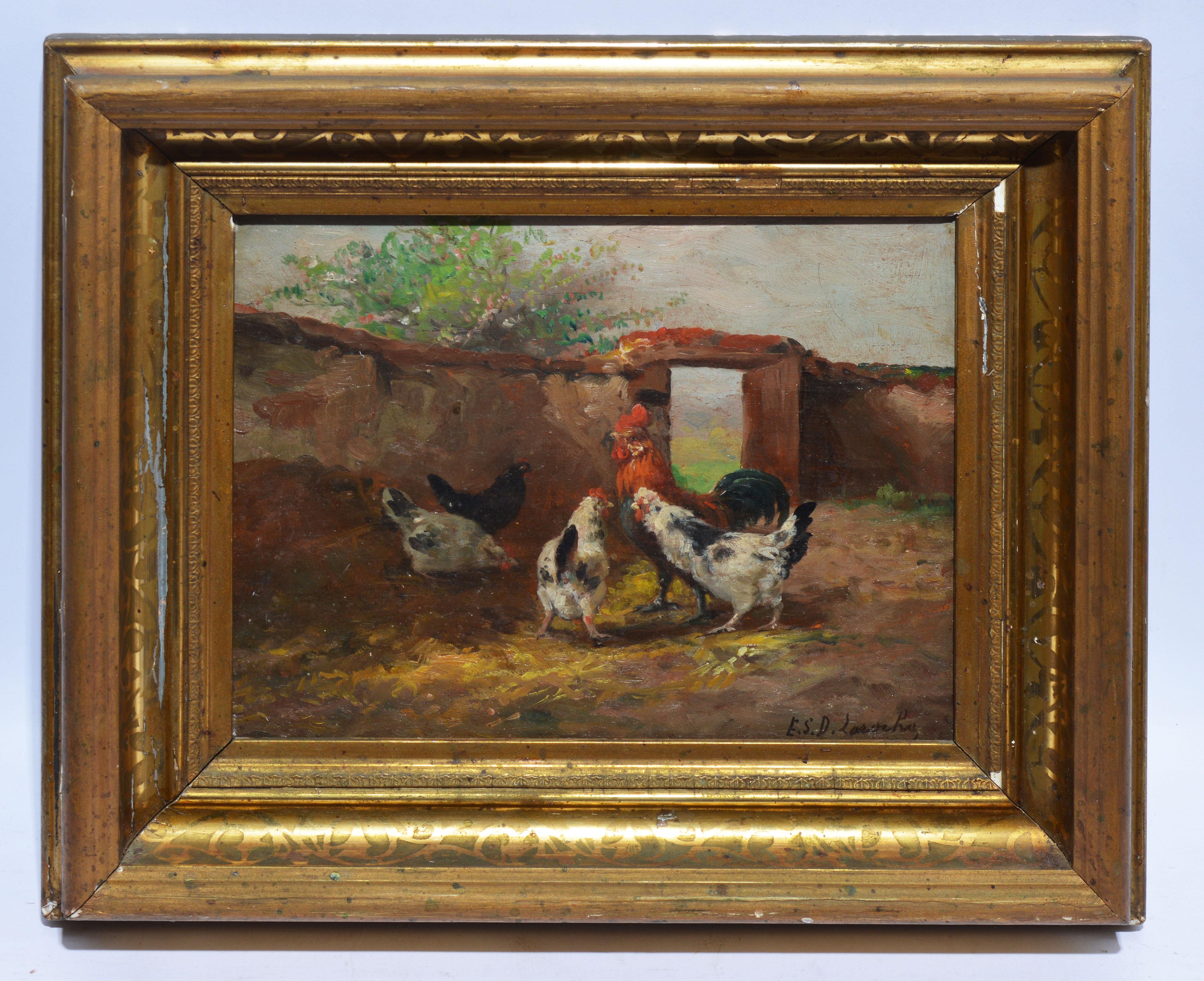 Antique American School View of a Roosters, 19th Century Signed Oil Painting - Brown Landscape Painting by Unknown
