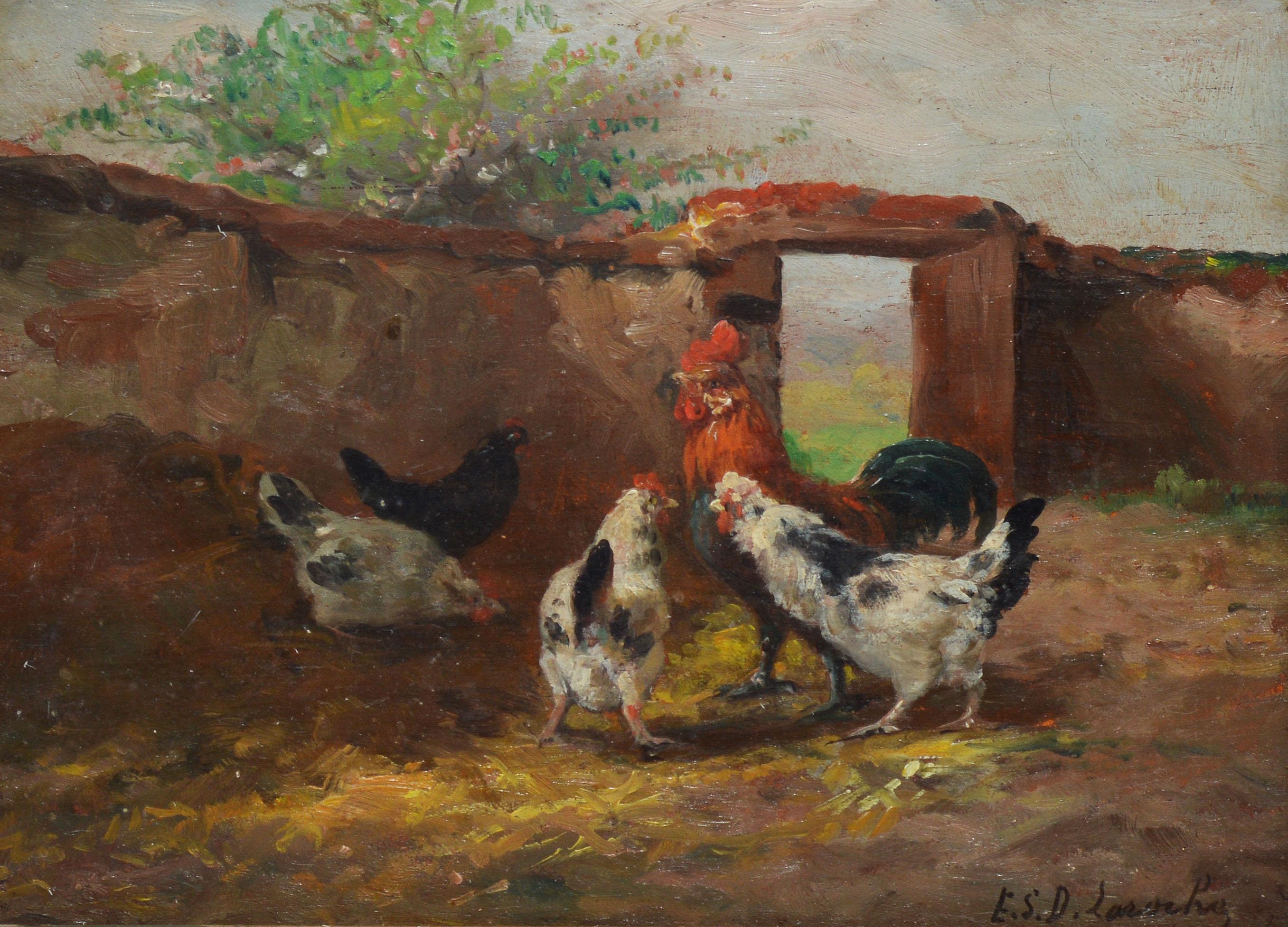 Antique impressionist view of roosters.  Oil on board, circa 1880.  Signed illegibly lower right.  Displayed in a period giltwood frame.  Image, 10