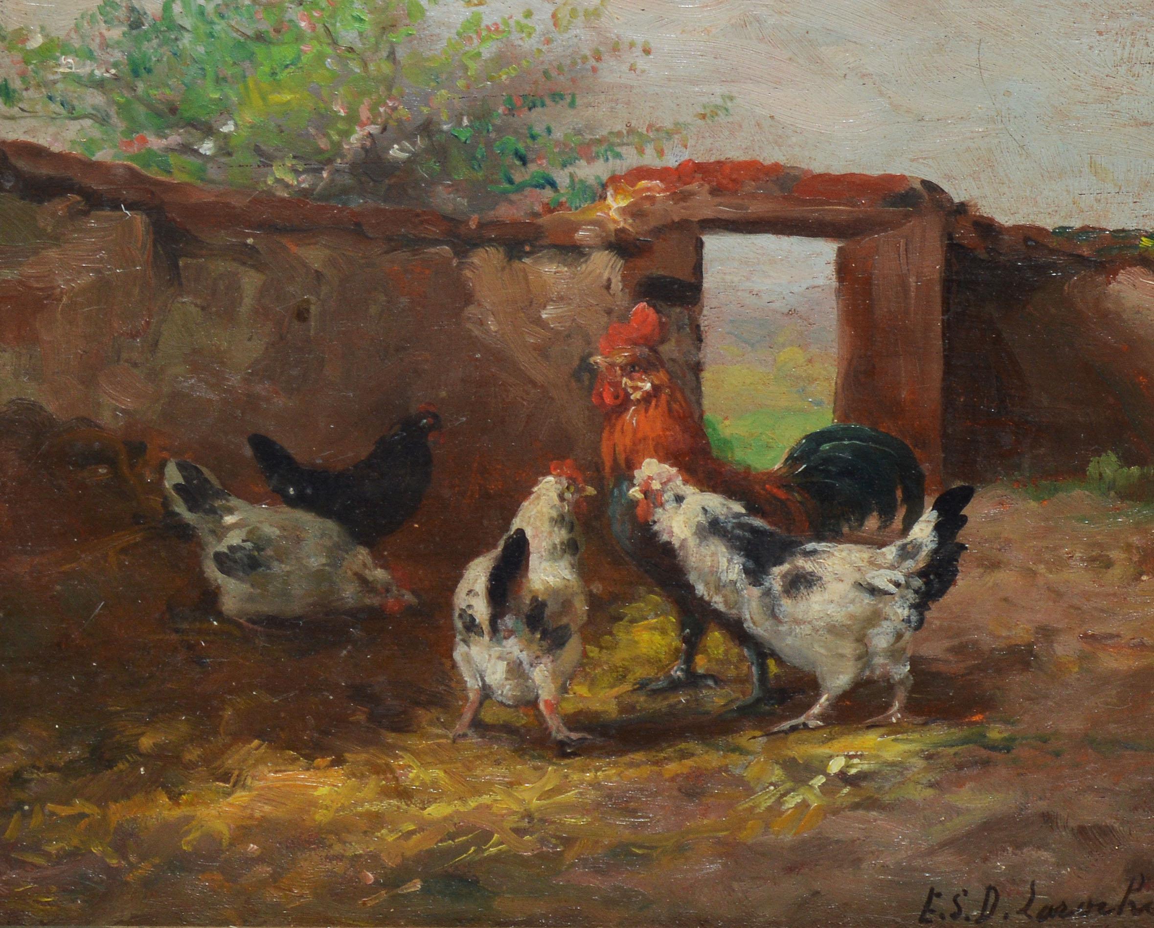 Antique American School View of a Roosters, 19th Century Signed Oil Painting 1