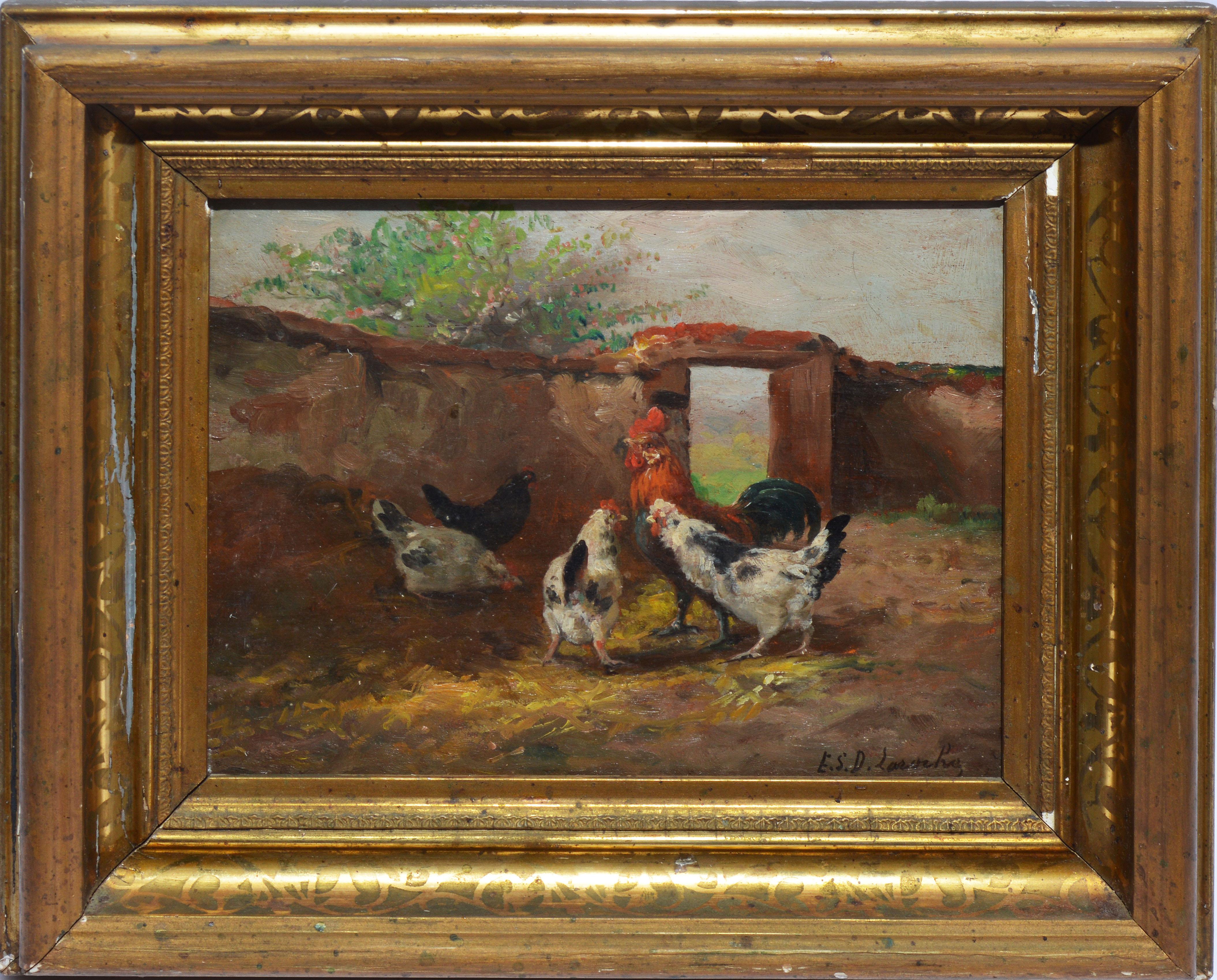 Unknown Landscape Painting - Antique American School View of a Roosters, 19th Century Signed Oil Painting