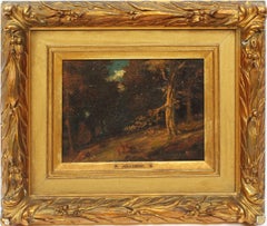 Antique American School Western Forest Interior Sunset Landscape Oil Painting