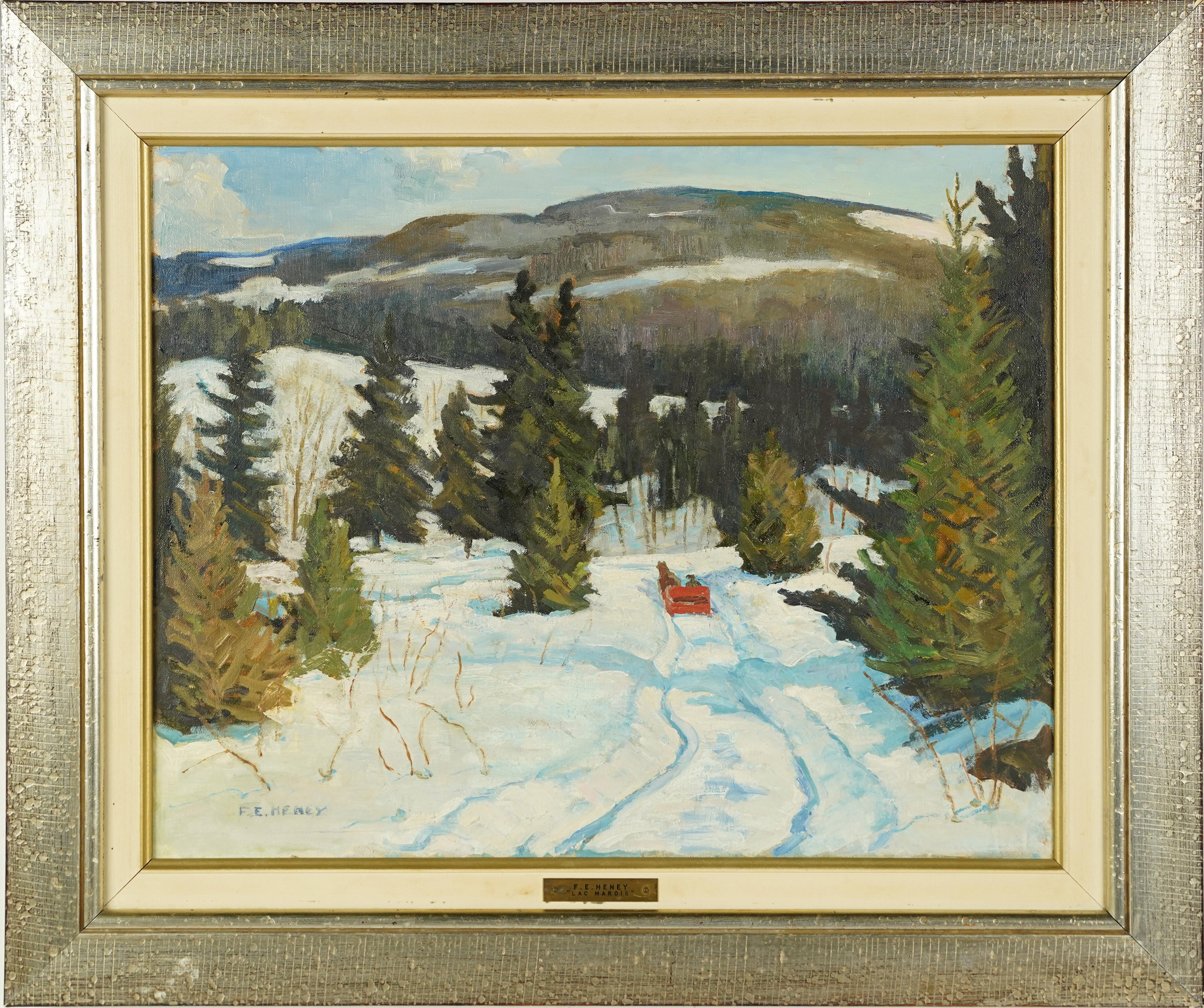  Antique American School Winter Impressionist Framed Sledding Landscape Painting 1