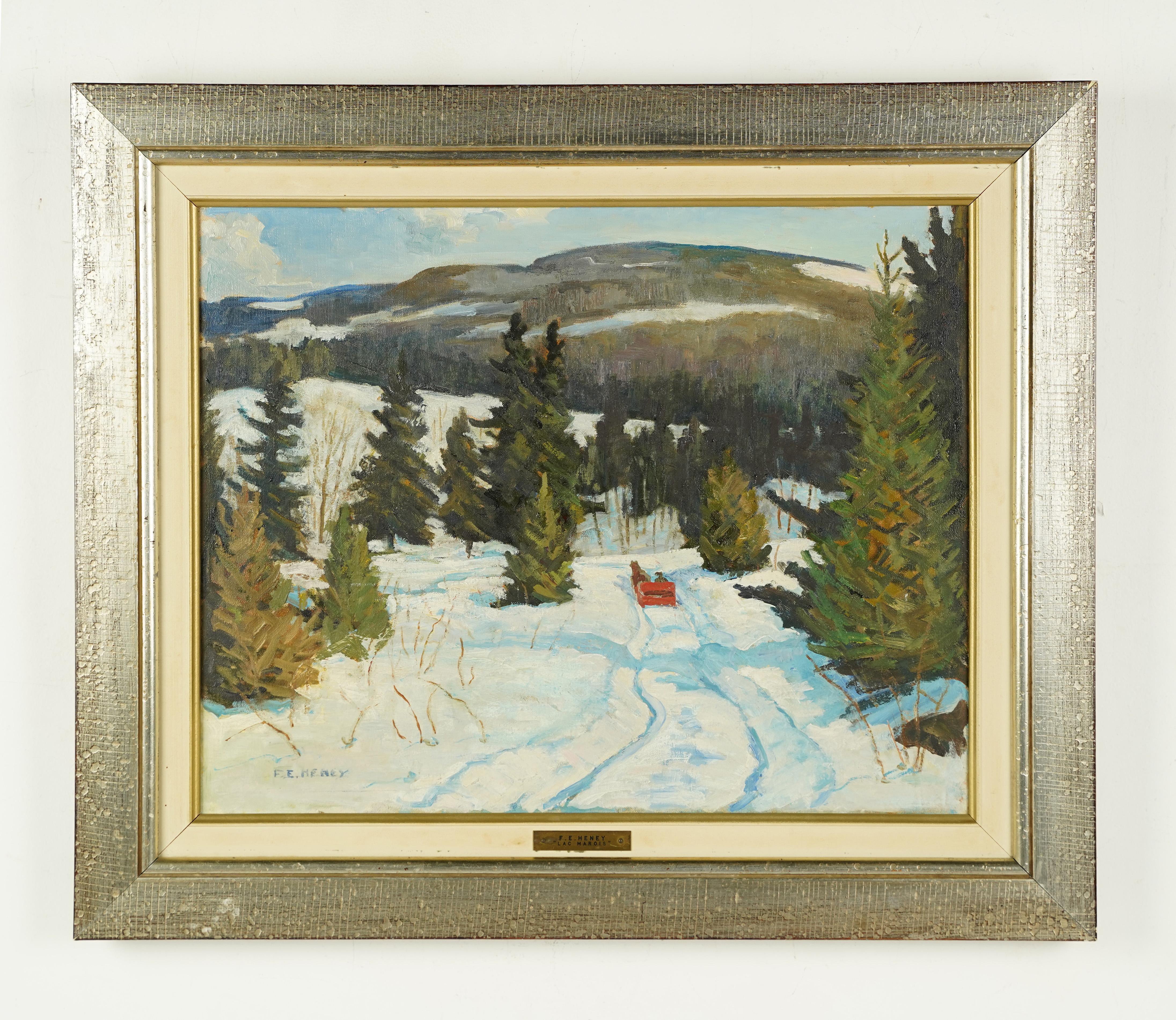  Antique American School Winter Impressionist Framed Sledding Landscape Painting 2
