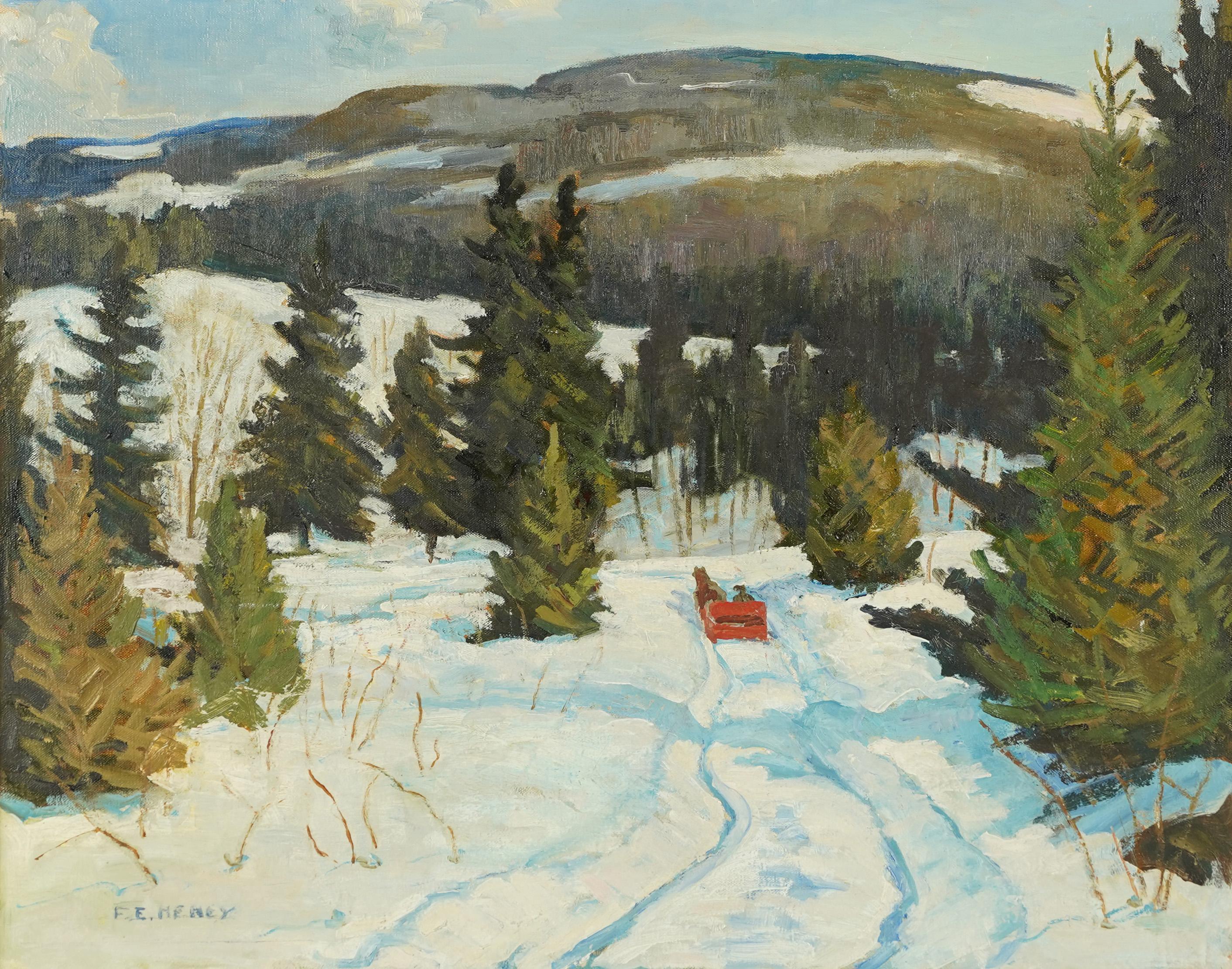  Antique American School Winter Impressionist Framed Sledding Landscape Painting 3
