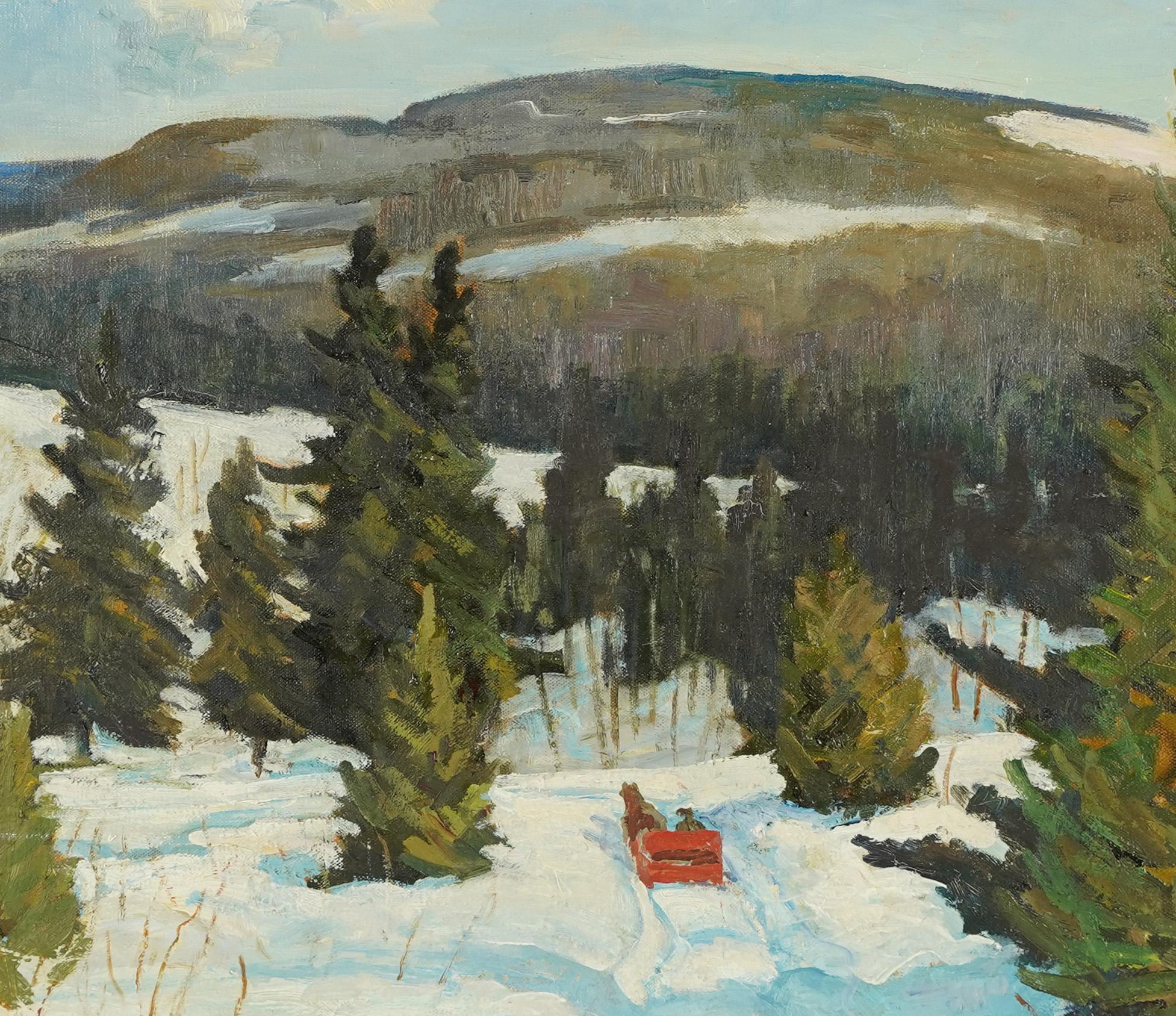  Antique American School Winter Impressionist Framed Sledding Landscape Painting 4