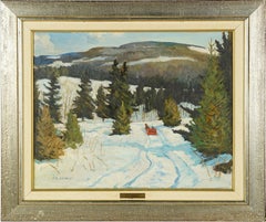  Antique American School Winter Impressionist Framed Sledding Landscape Painting