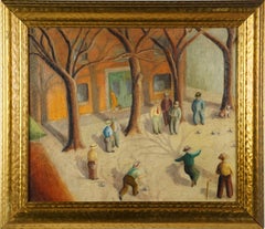Antique American School WPA Ashcan School Bocce Ball Signed NYC Oil Painting