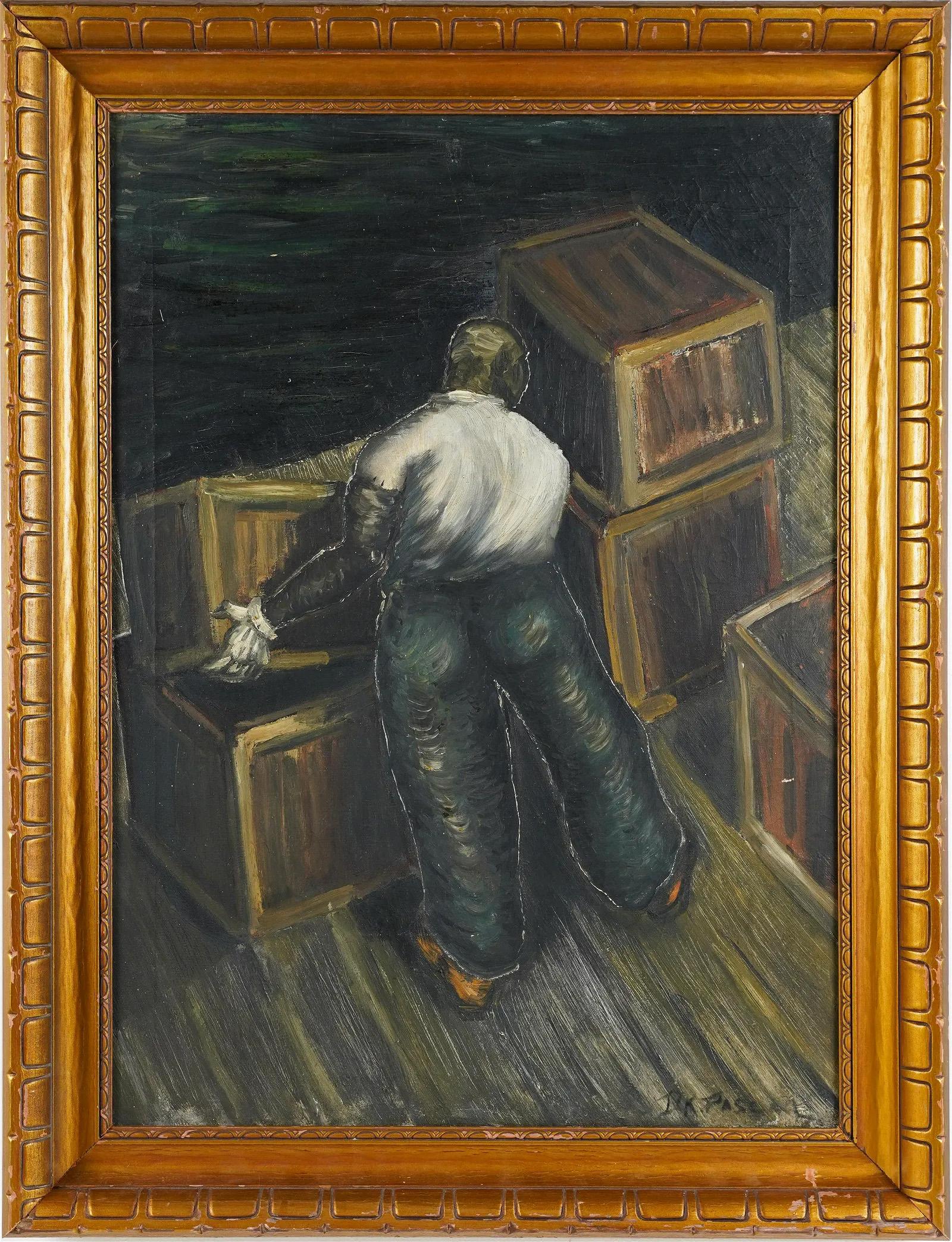Antico dipinto ad olio di scuola americana WPA Modernista con figura nera Ashcan vista sul porto - Painting di Unknown