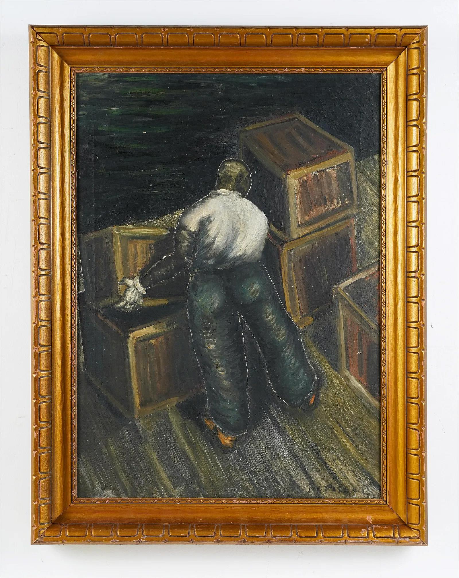 Antique American School WPA Modernist Black Figure Ashcan Dock View Oil Painting For Sale 1