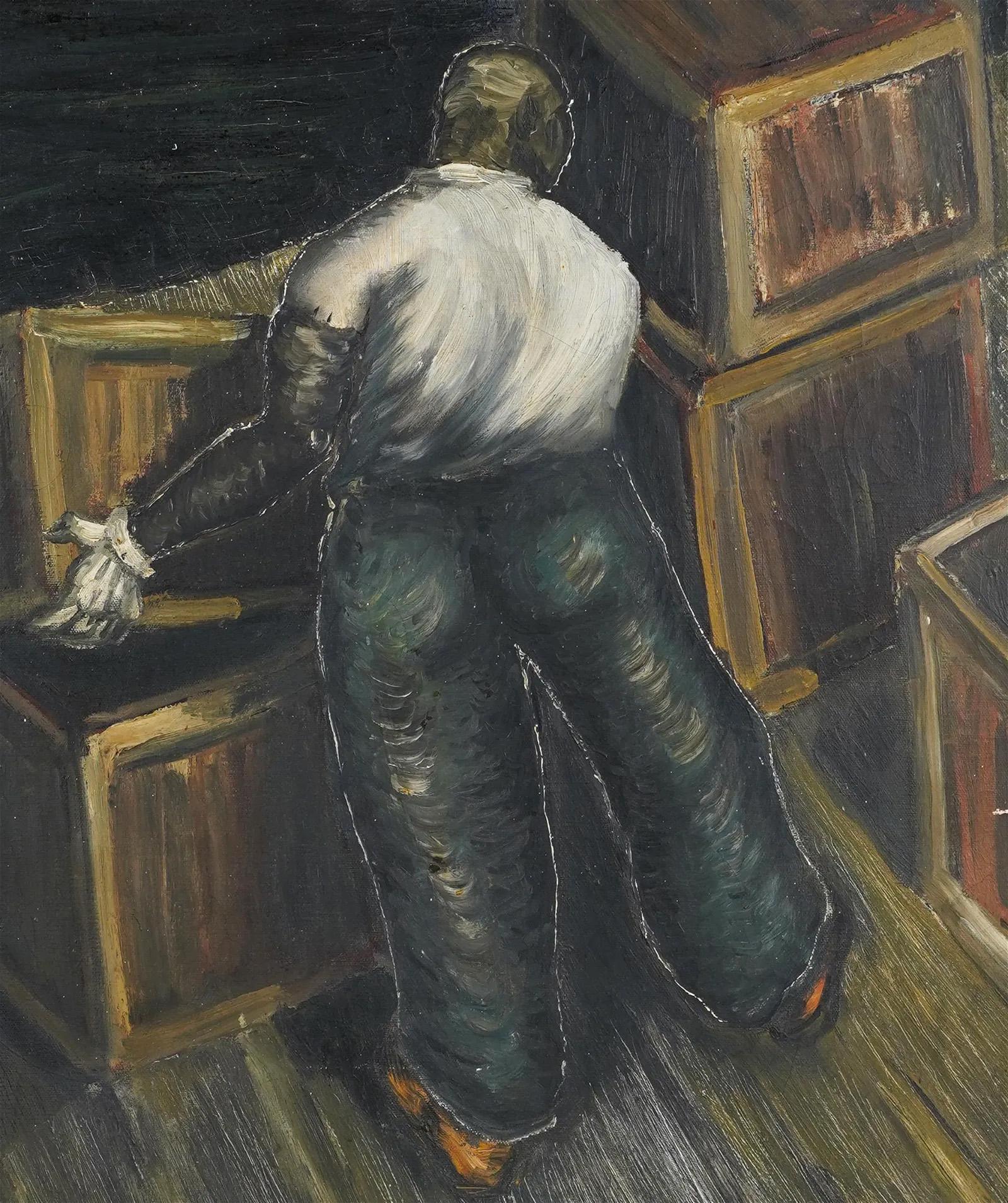 Antico dipinto ad olio di scuola americana WPA Modernista con figura nera Ashcan vista sul porto - Landscape Painting Marrone di Unknown